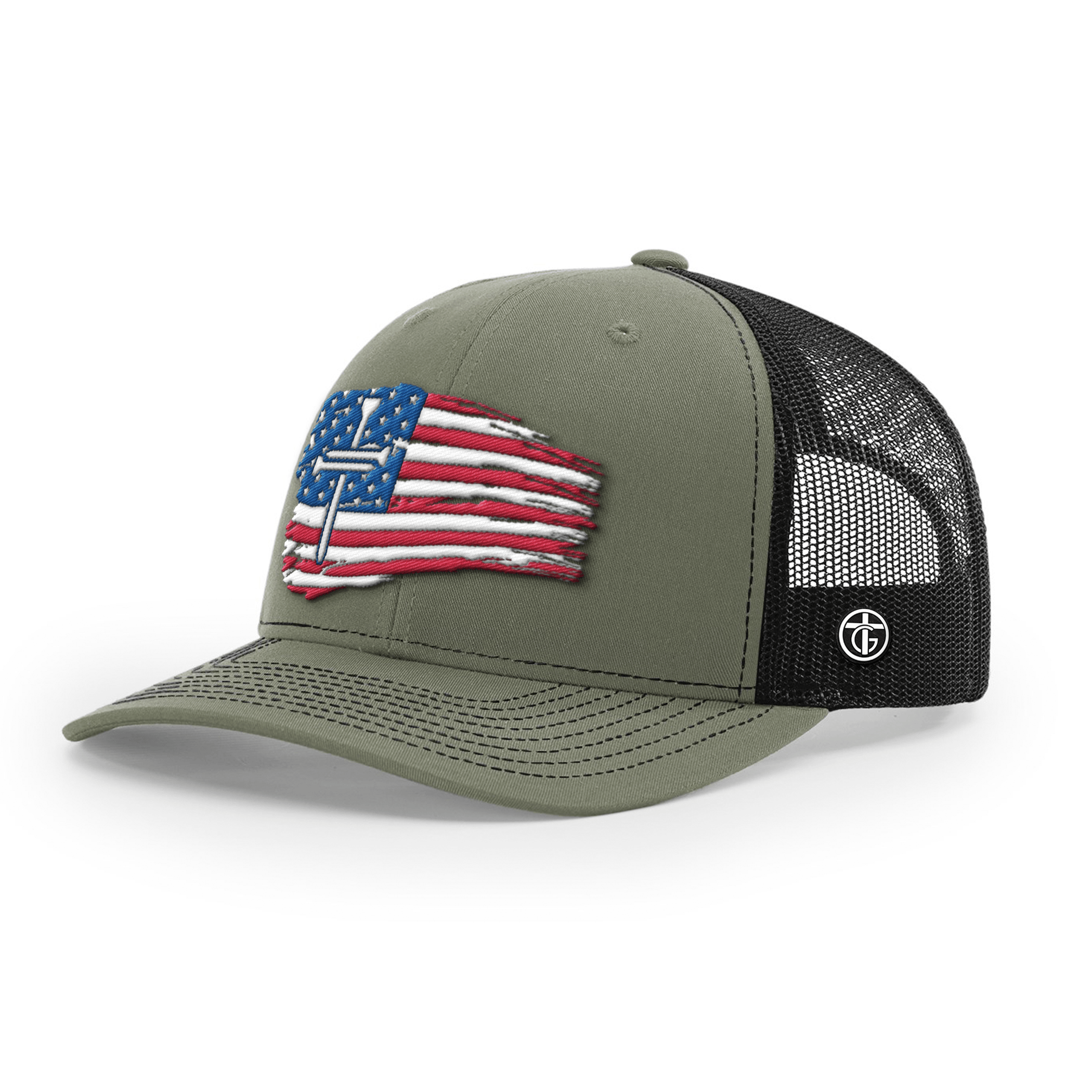 OurTrueGod Customs Hat Snapback / Loden and Black / One Size Tattered Flag Cross Richardson Hats