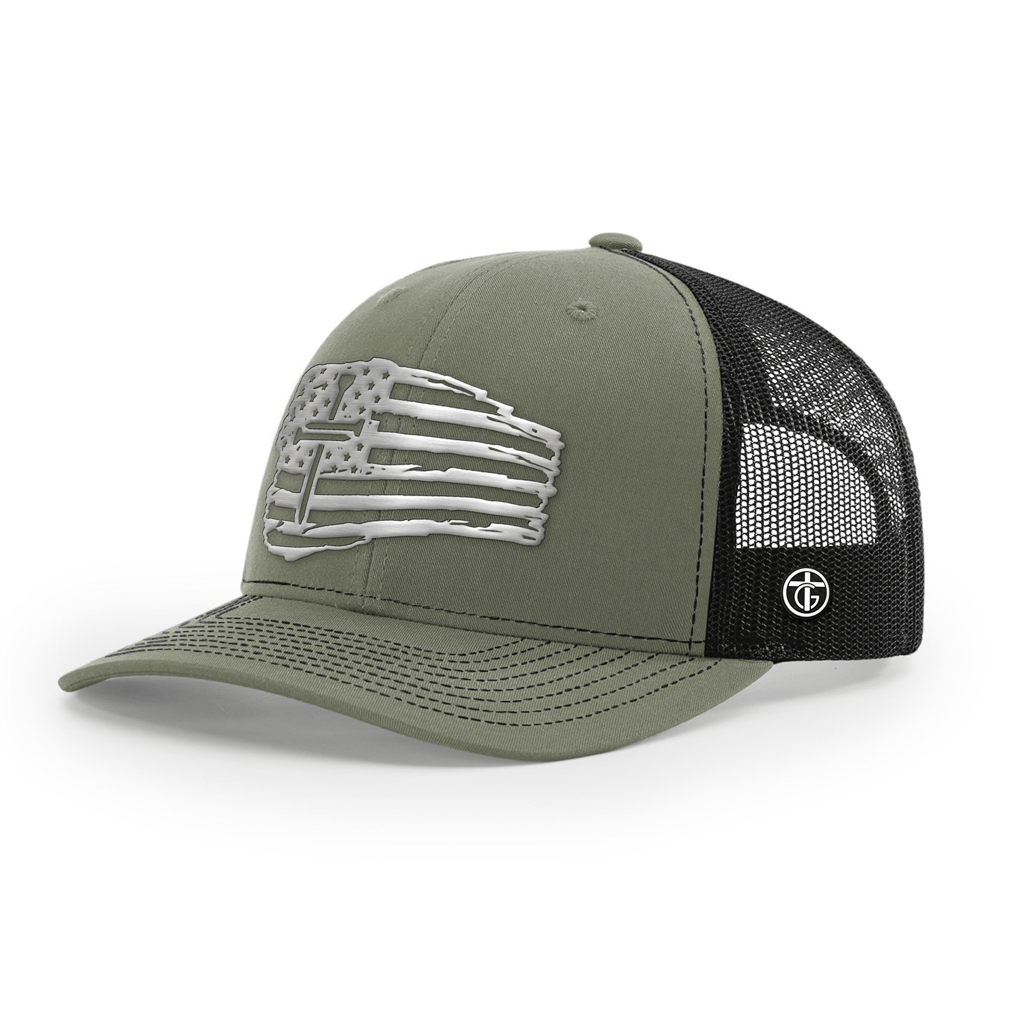 OurTrueGod Customs Hat Snapback / Loden and Black / One Size Tattered Flag Cross Silver Metal Patch Hats