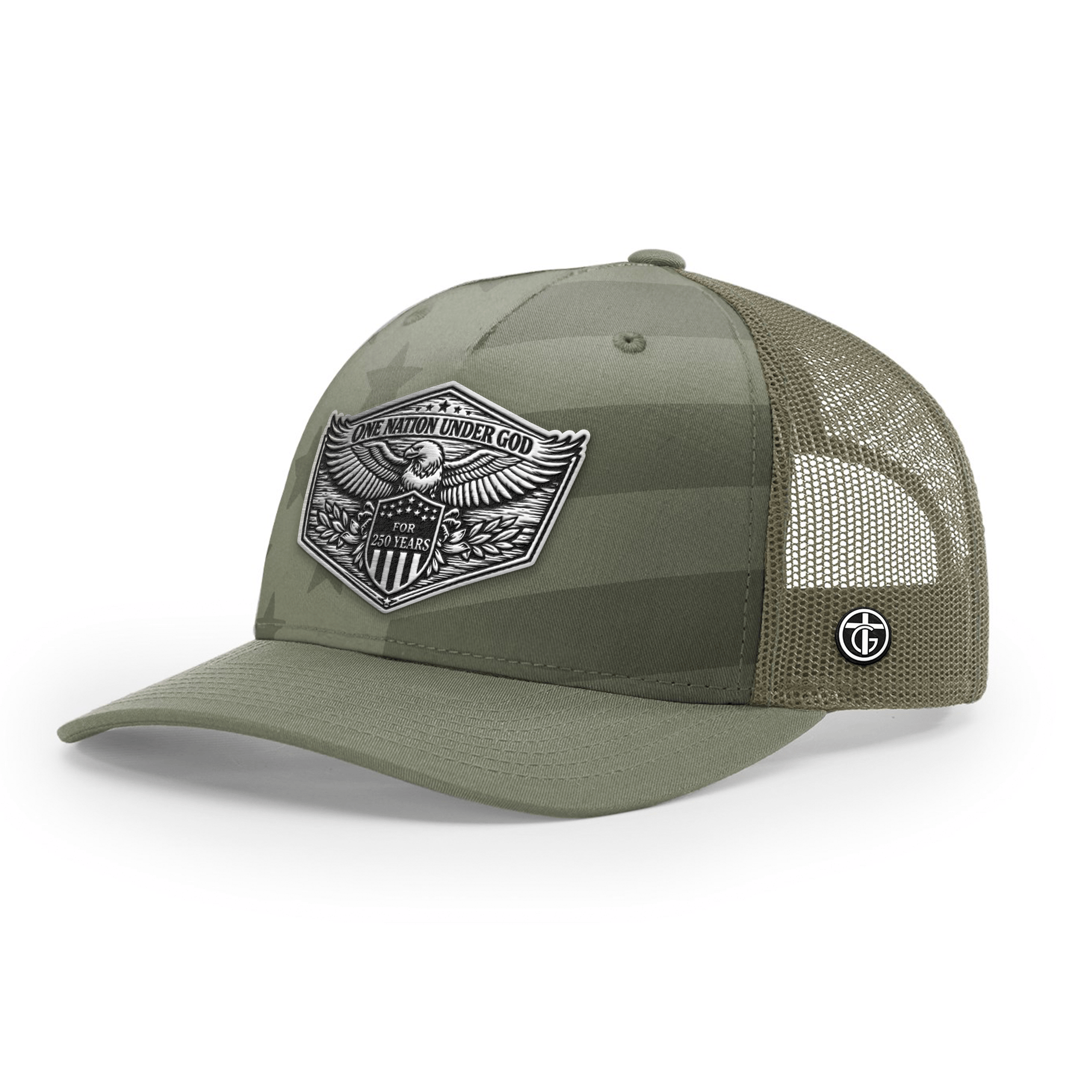 OurTrueGod Customs Hat Snapback / Loden and Tonal Stars and Stripes / One Size One Nation Under God 250th Year Hat