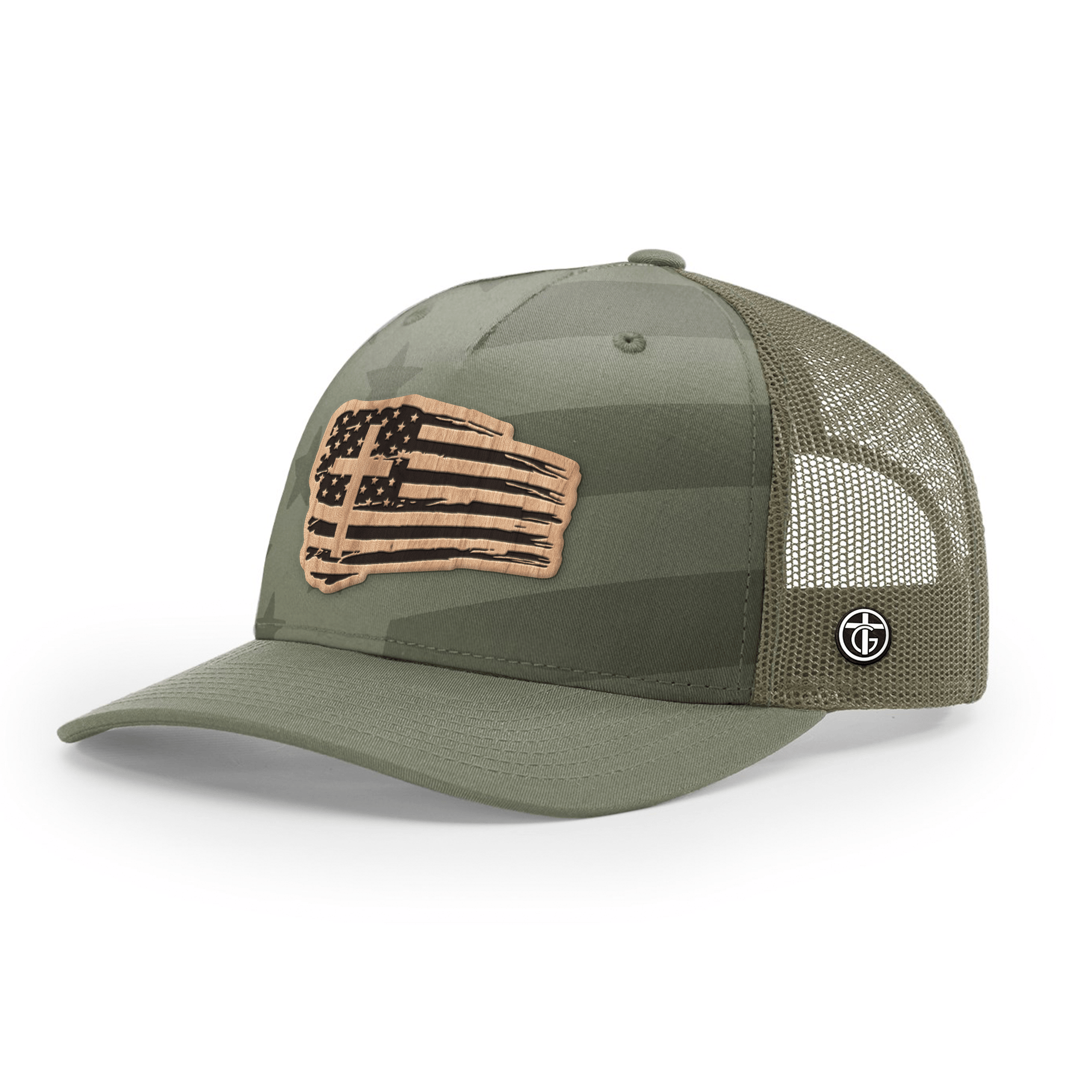 OurTrueGod Customs Hat Snapback / Loden and Tonal Stars and Stripes / One Size Tattered Flag Wood Patch Camo Hats
