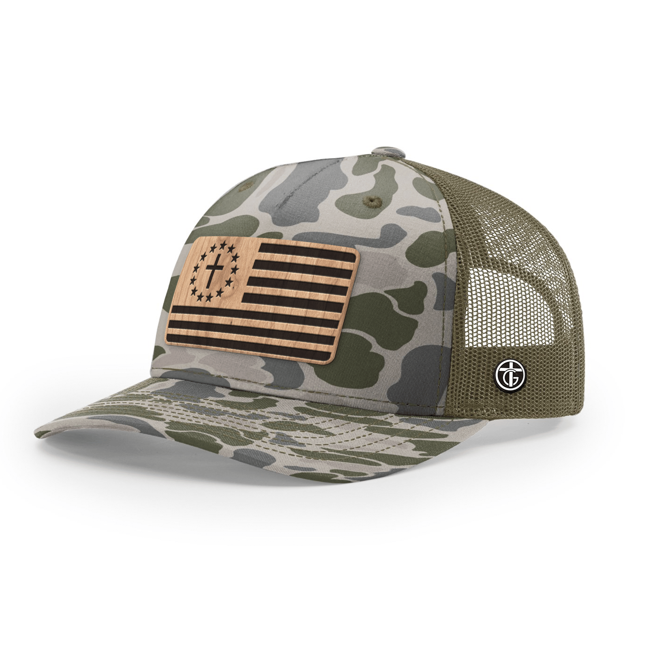 OurTrueGod Customs Hat Snapback / Marsh Duck Camo and Loden / One Size Betsy Ross Flag Wood Patch Camo Hats