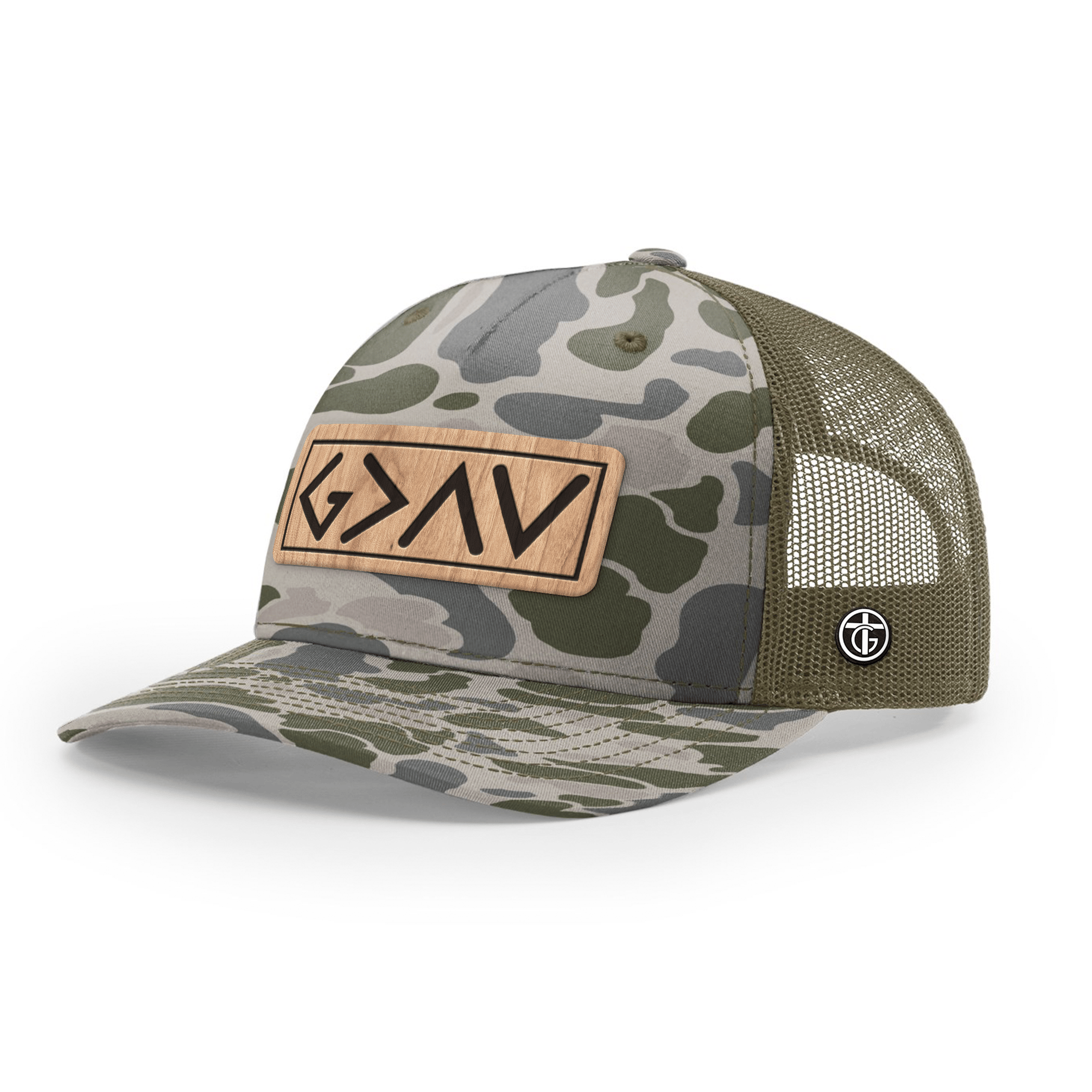 OurTrueGod Customs Hat Snapback / Marsh Duck Camo and Loden / One Size God Is Greater Than The Highs And Lows Wood Patch Camo Hats