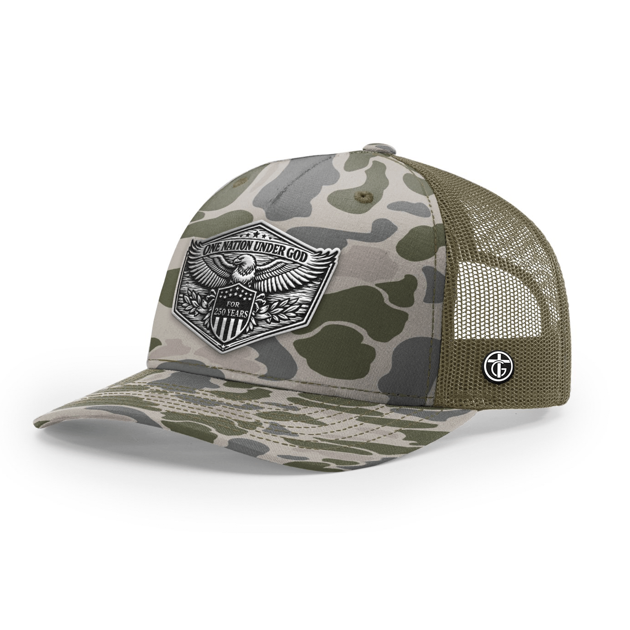 OurTrueGod Customs Hat Snapback / Marsh Duck Camo and Loden / One Size One Nation Under God 250th Year Hat