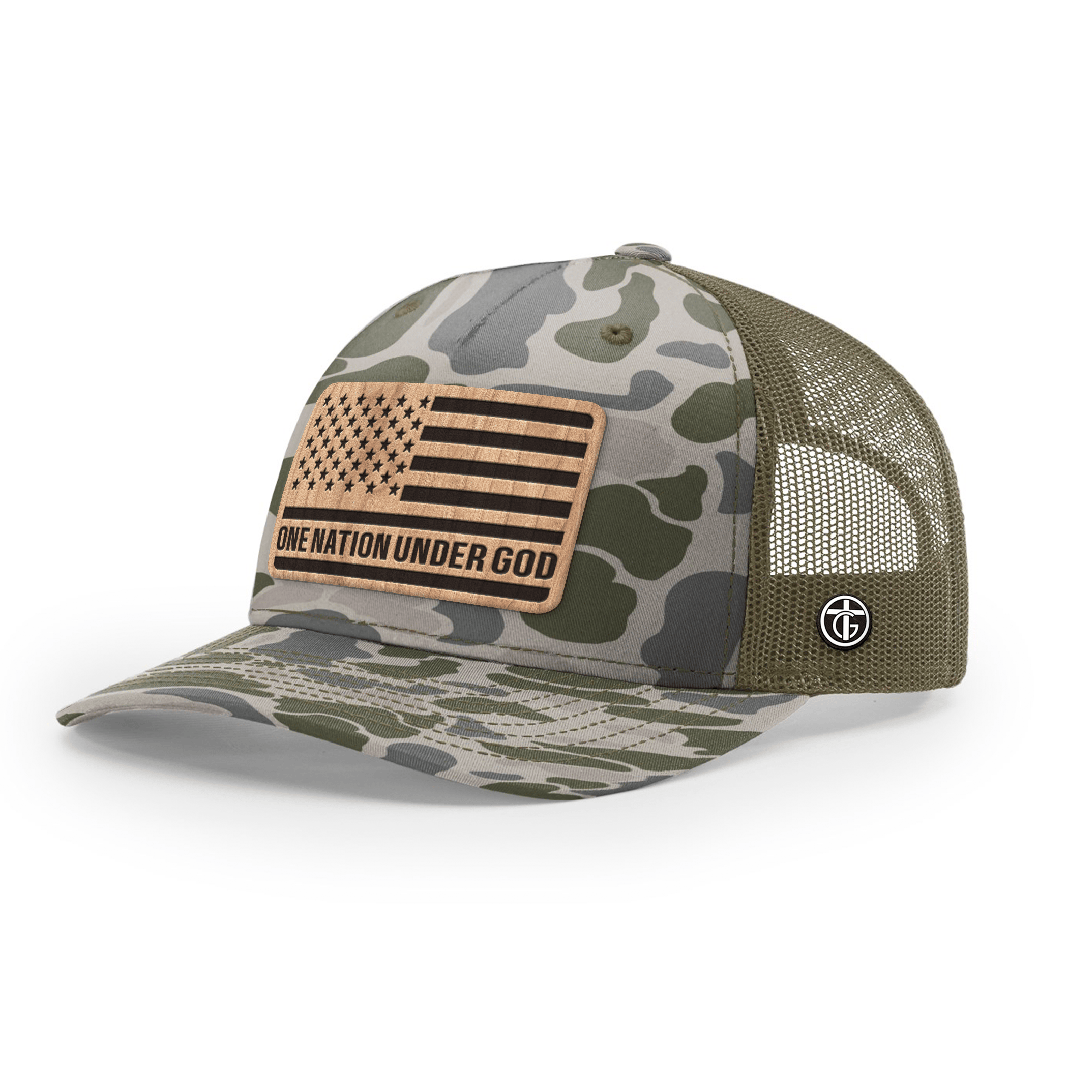 OurTrueGod Customs Hat Snapback / Marsh Duck Camo and Loden / One Size One Nation Under God Wood Patch Camo Hats
