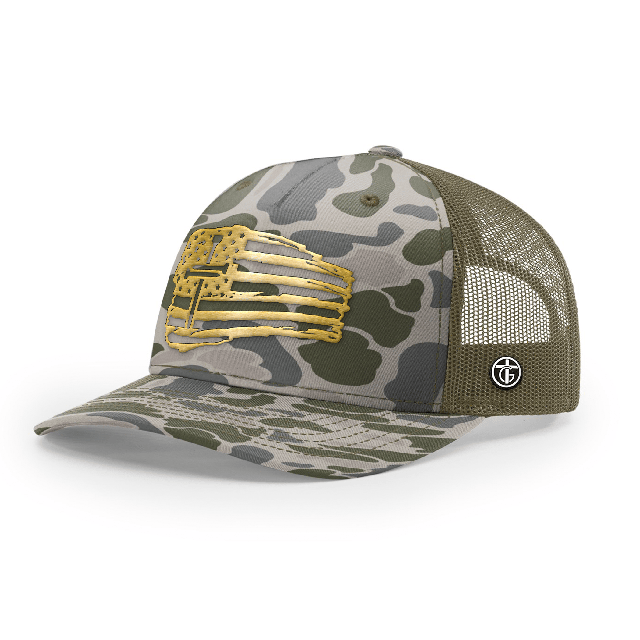 OurTrueGod Customs Hat Snapback / Marsh Duck Camo and Loden / One Size Tattered Flag Cross Gold Metal Patch Camo Hats