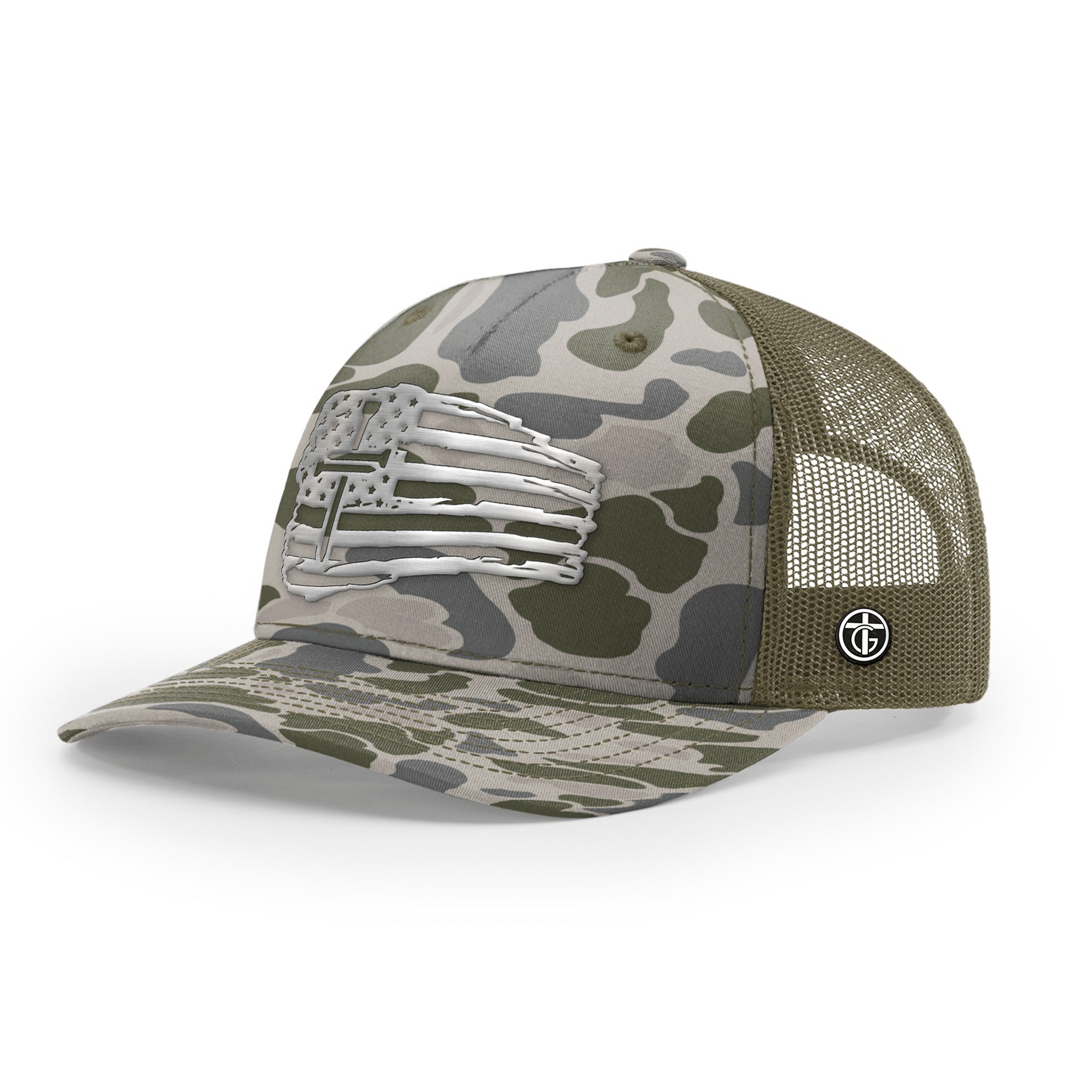 OurTrueGod Customs Hat Snapback / Marsh Duck Camo and Loden / One Size Tattered Flag Cross Silver Metal Patch Camo Hats