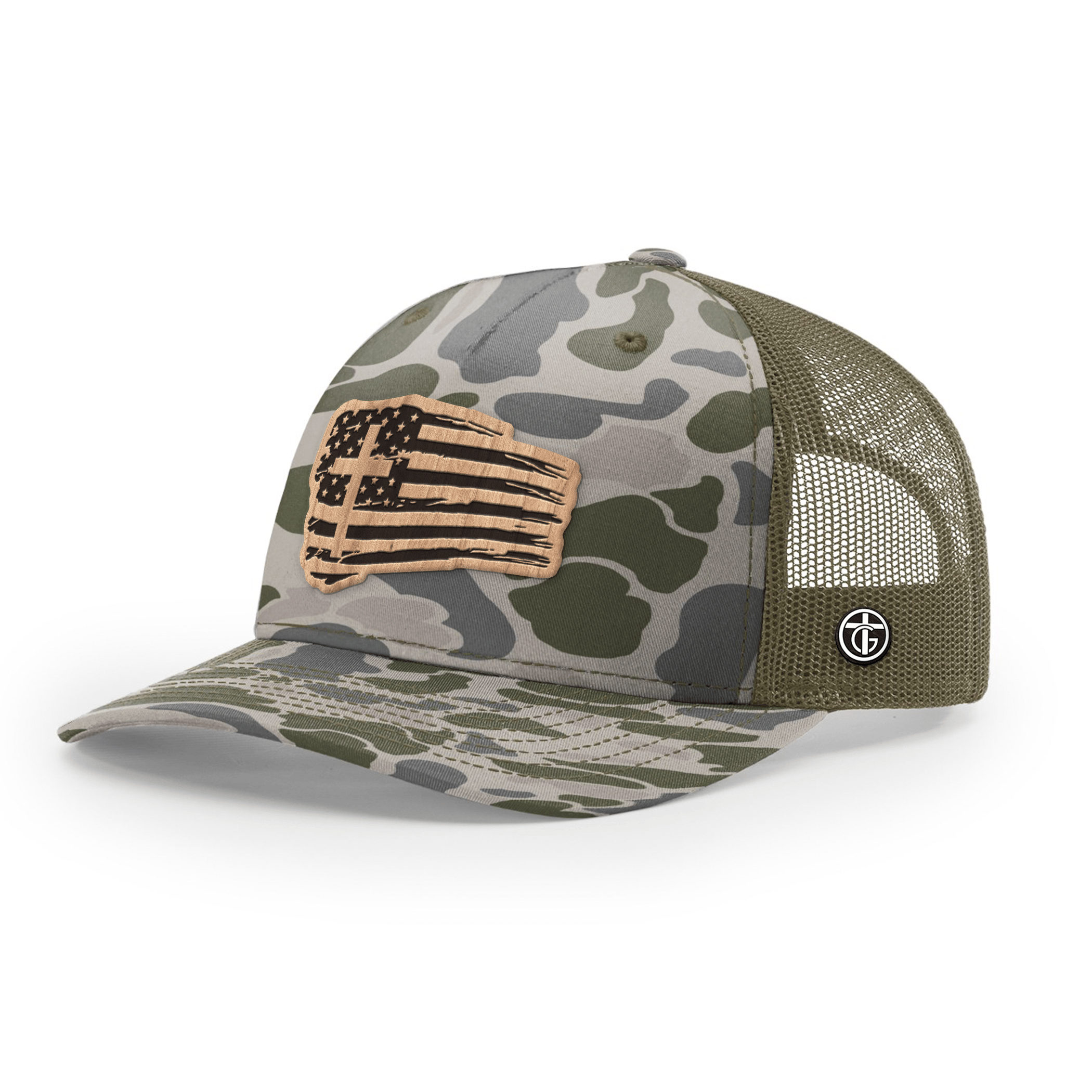 OurTrueGod Customs Hat Snapback / Marsh Duck Camo and Loden / One Size Tattered Flag Wood Patch Camo Hats