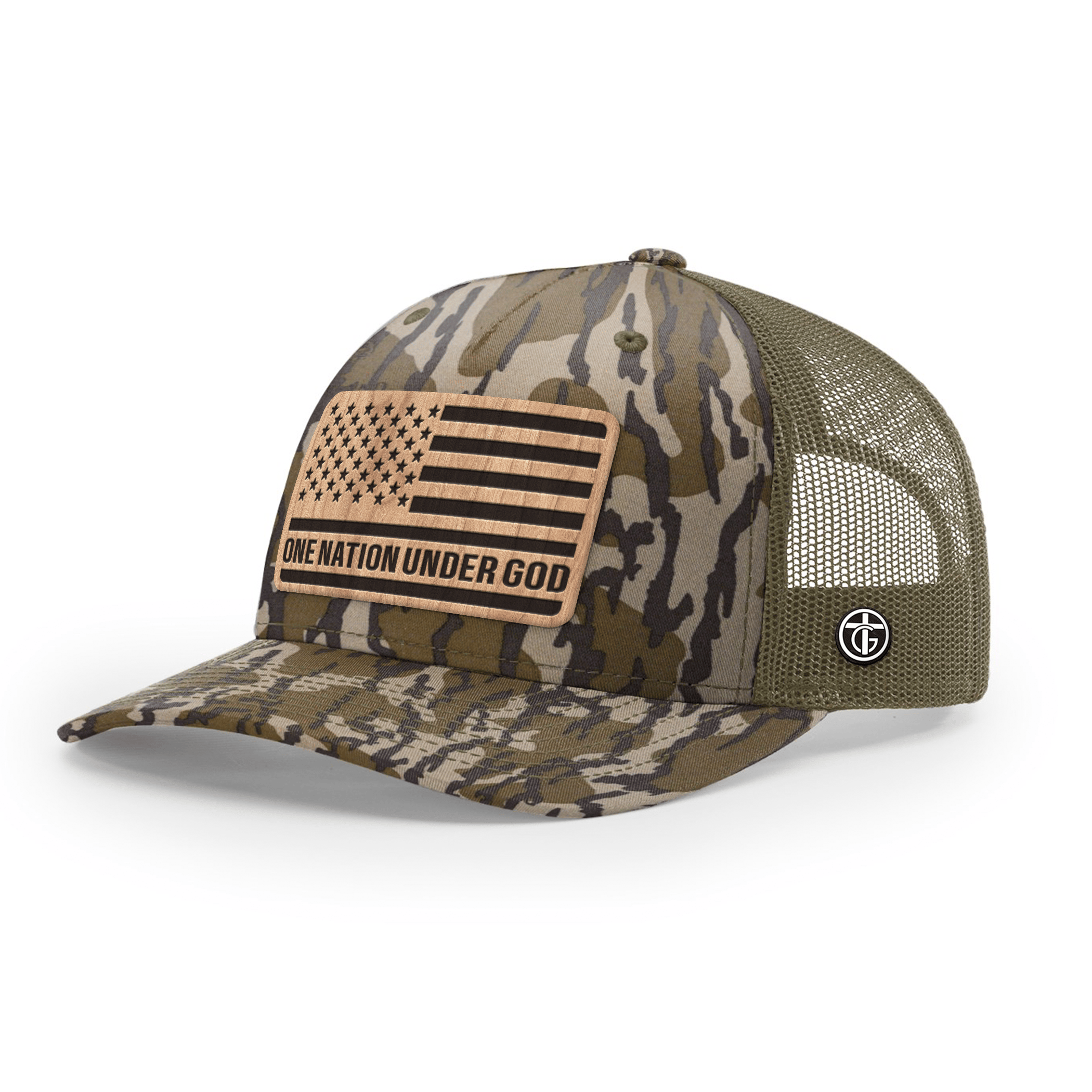 OurTrueGod Customs Hat Snapback / Mossy Oak Bottomland and Loden / One Size One Nation Under God Wood Patch Camo Hats