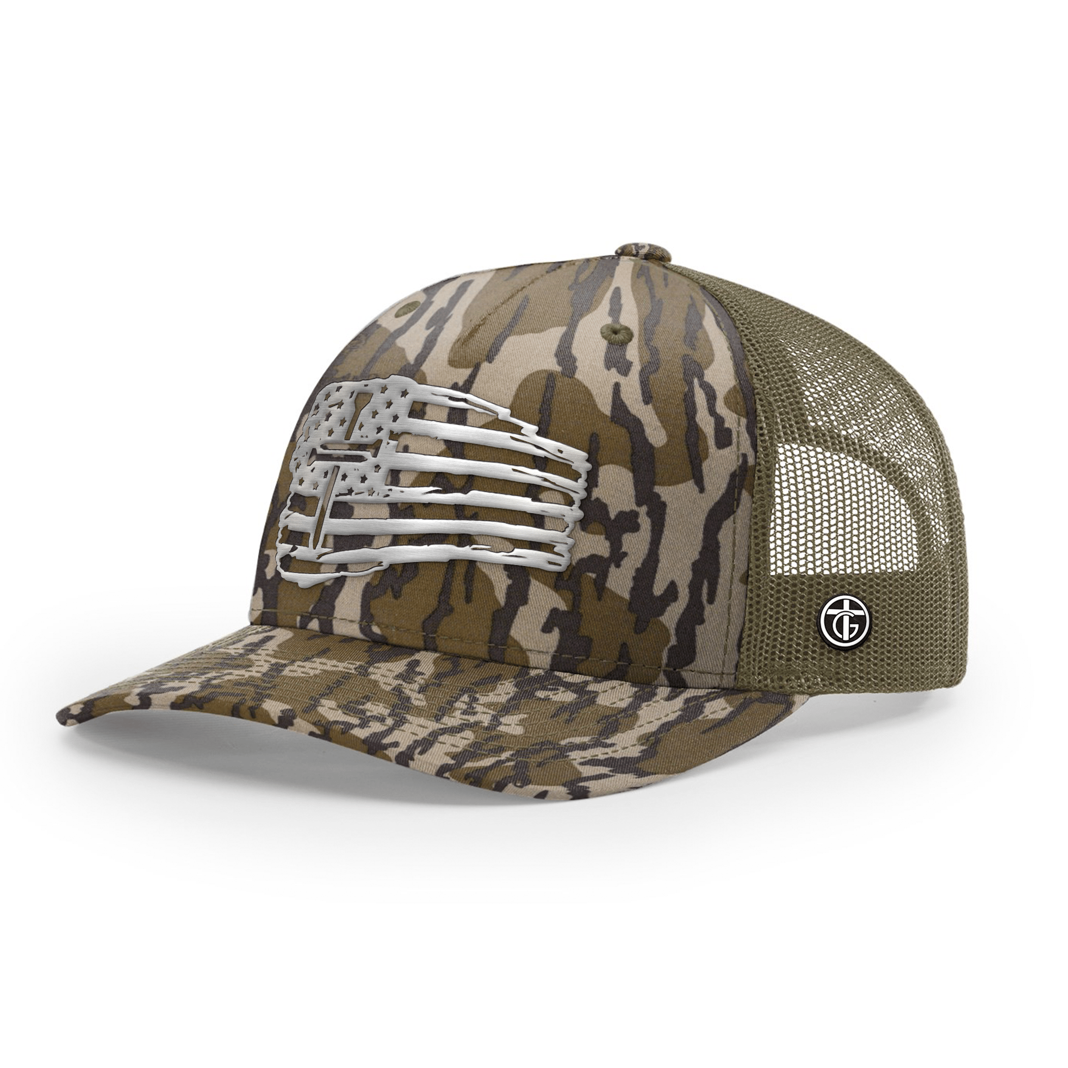 OurTrueGod Customs Hat Snapback / Mossy Oak Bottomland and Loden / One Size Tattered Flag Cross Silver Metal Patch Camo Hats