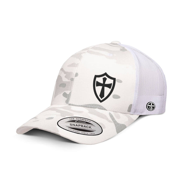 Cross Shield Camo Hat, Snapback in Multi alpine and White