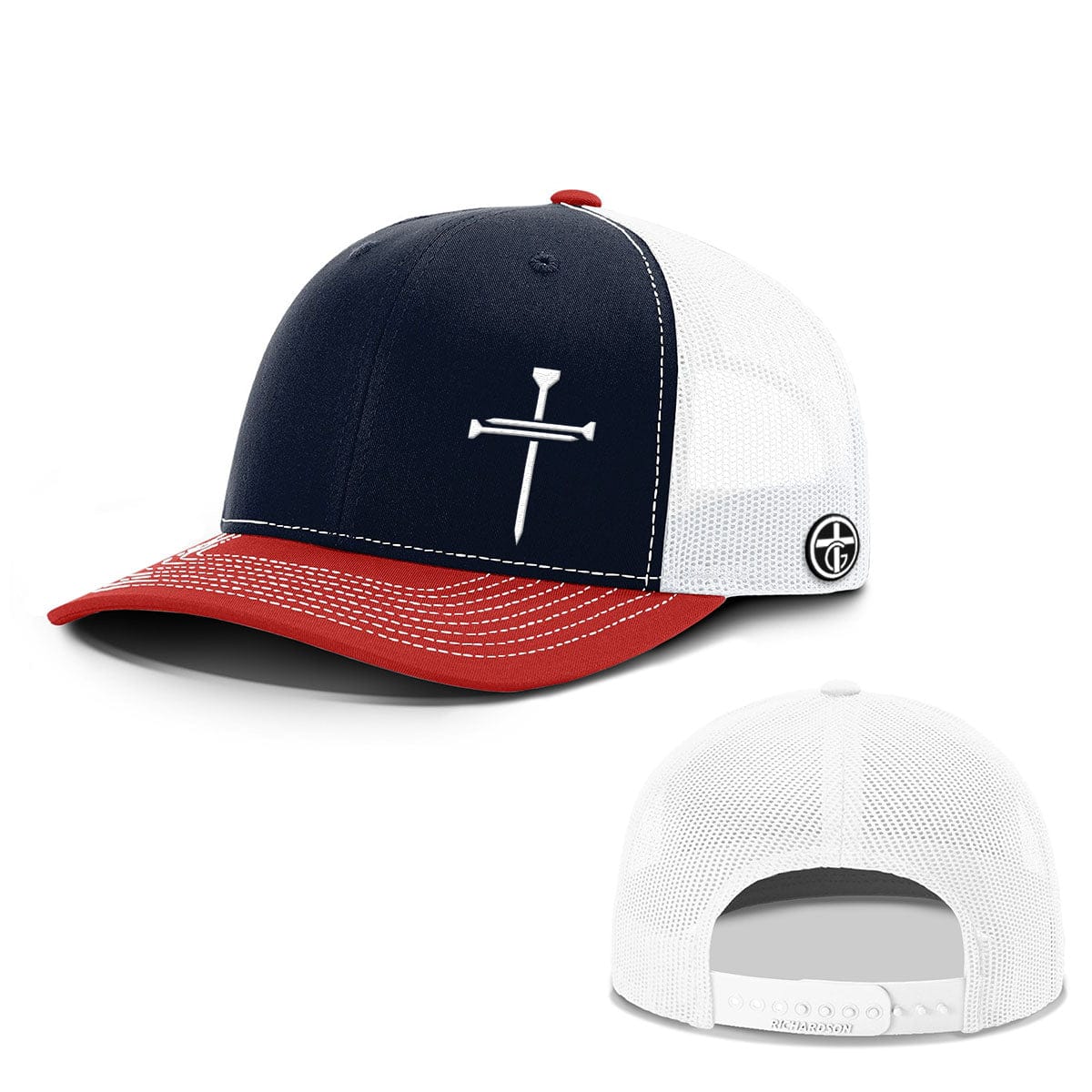 OurTrueGod Customs Hat Snapback / Navy and Red / One Size Nail Cross Lower Left Everyday Faith Hats