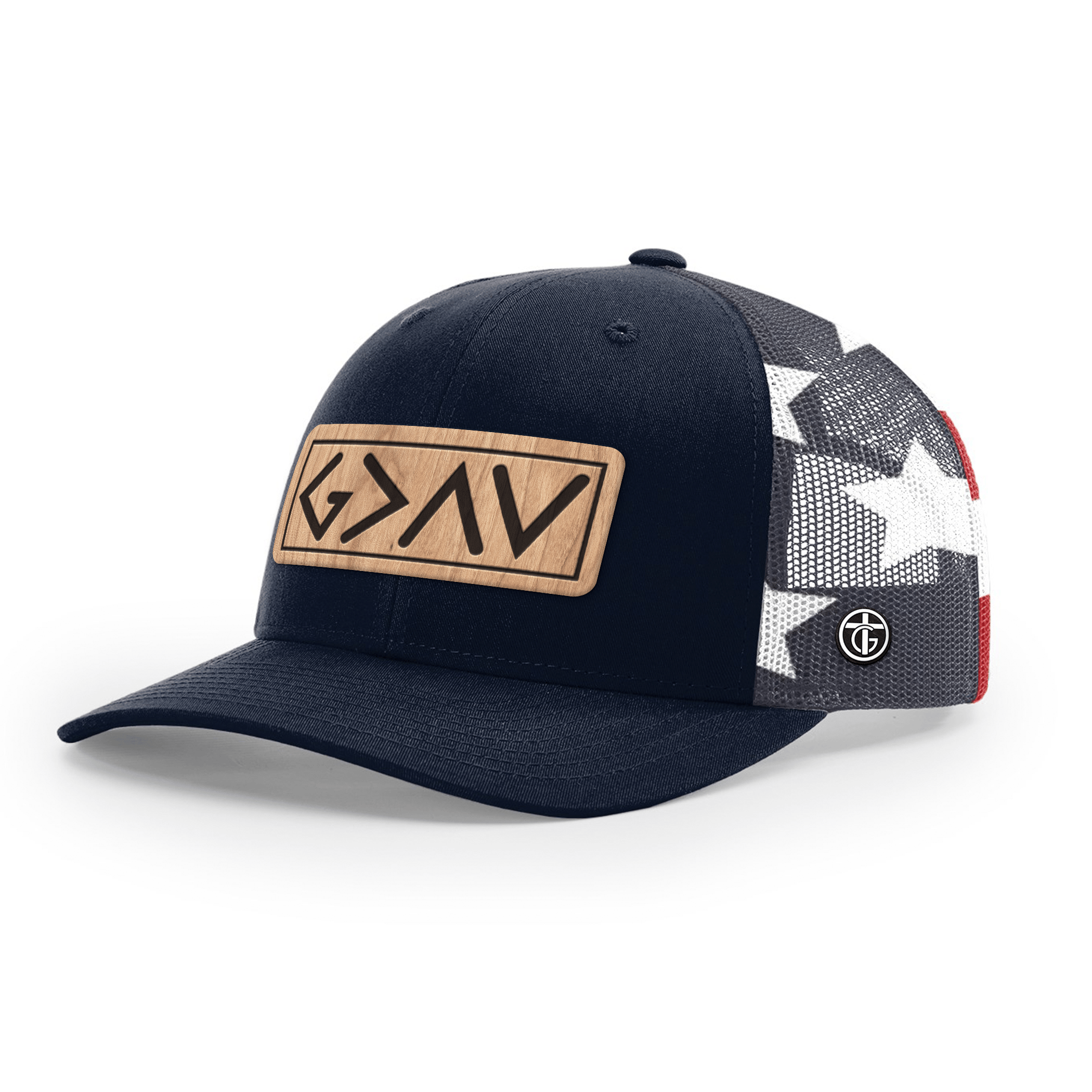 OurTrueGod Customs Hat Snapback / Navy and Stars Stripes / One Size God Is Greater Than The Highs And Lows Wood Patch Camo Hats