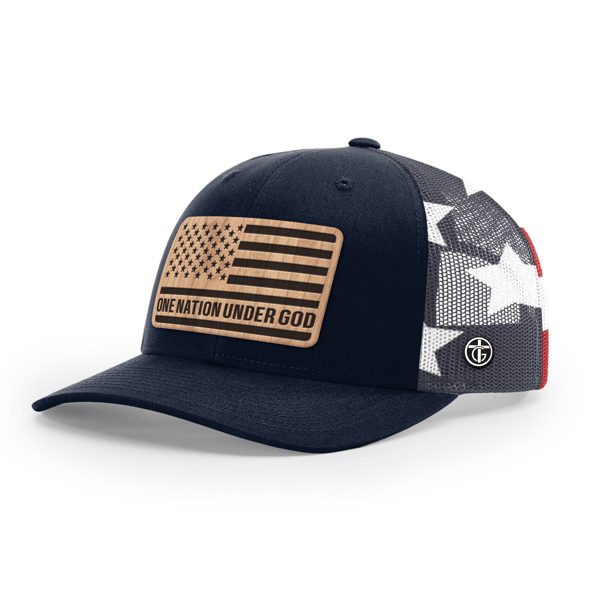 OurTrueGod Customs Hat Snapback / Navy and Stars Stripes / One Size One Nation Under God Wood Patch Camo Hats