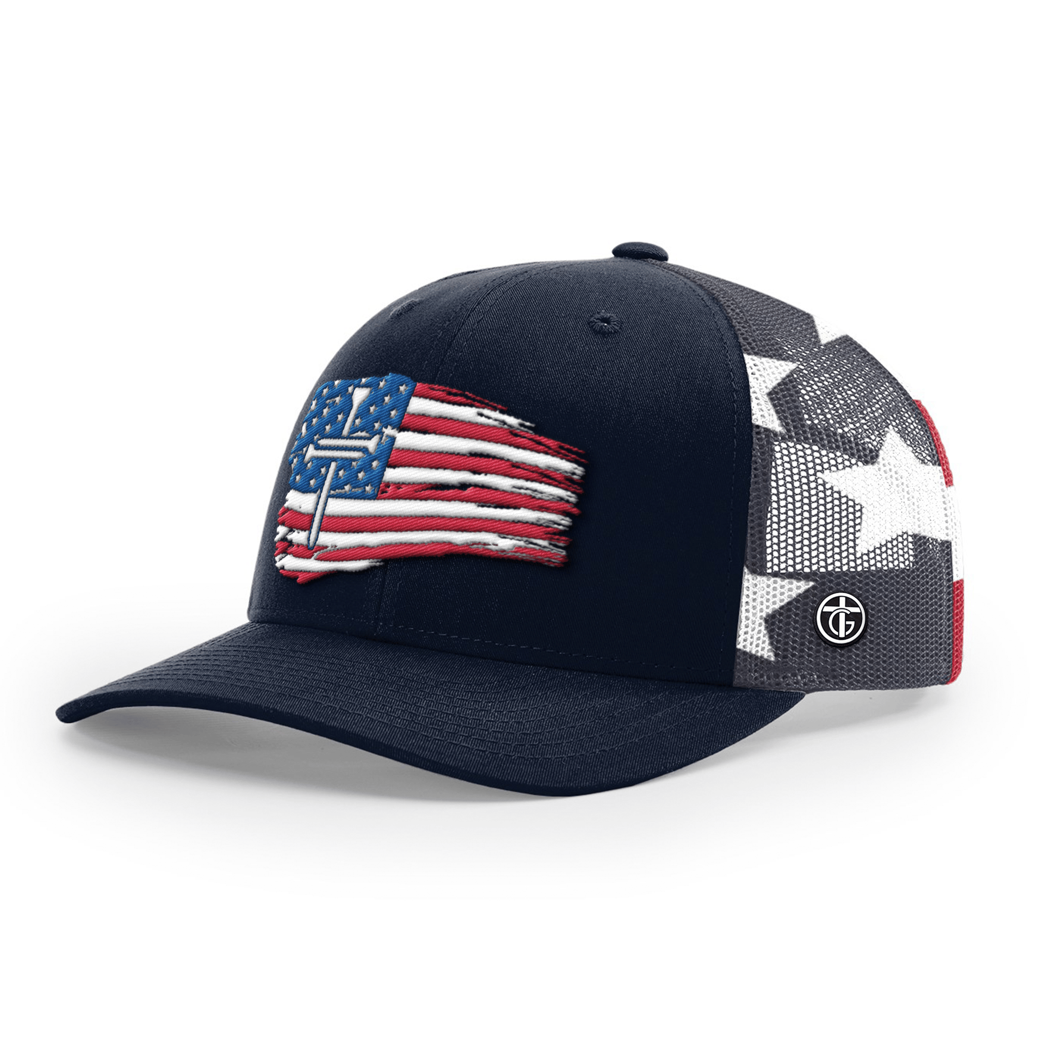 OurTrueGod Customs Hat Snapback / Navy and Stars Stripes / One Size Tattered Flag Cross Camo Hats