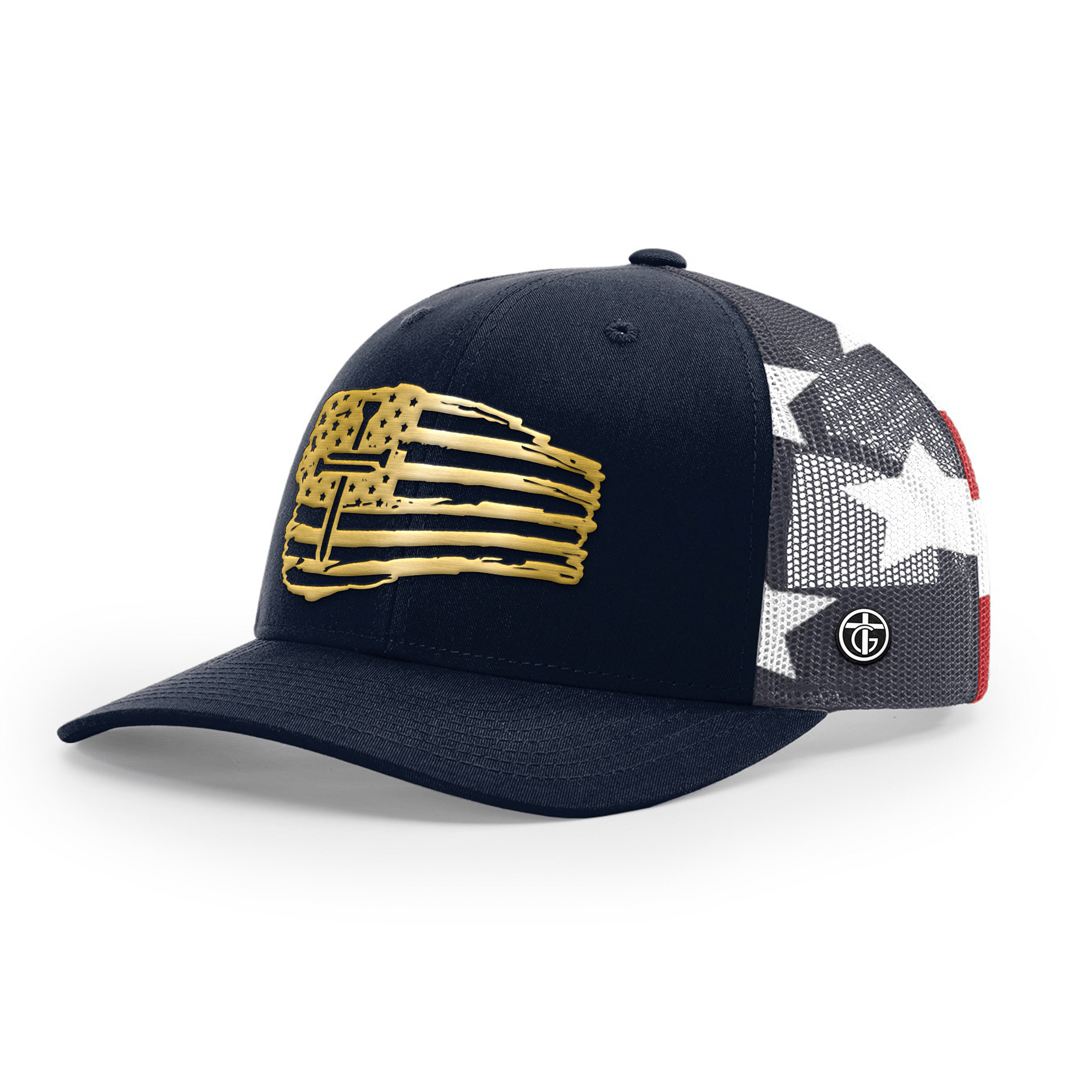 OurTrueGod Customs Hat Snapback / Navy and Stars Stripes / One Size Tattered Flag Cross Gold Metal Patch Camo Hats