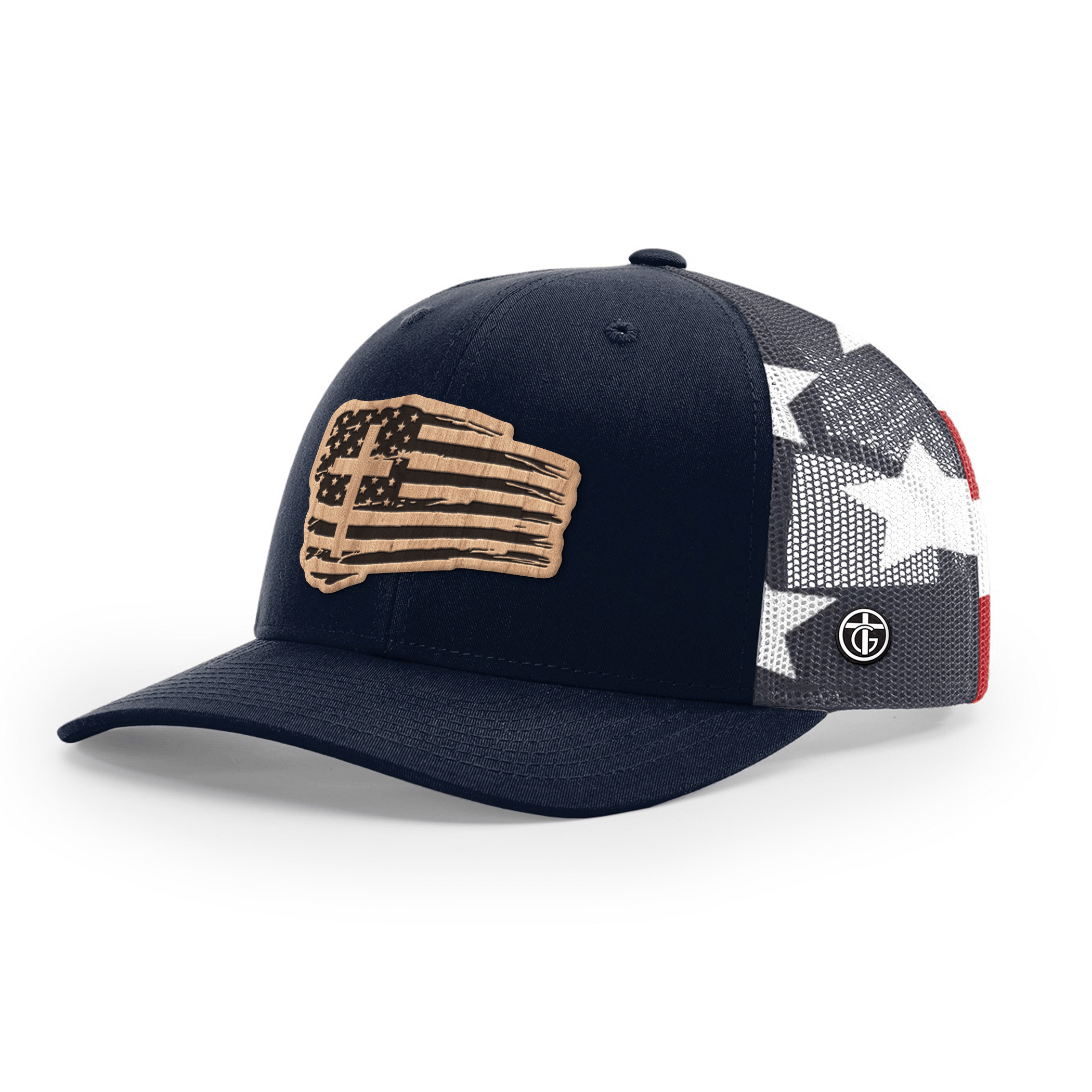 OurTrueGod Customs Hat Snapback / Navy and Stars Stripes / One Size Tattered Flag Wood Patch Camo Hats