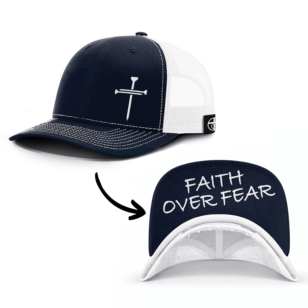 OurTrueGod Customs Hat Snapback / Navy and White / One Size 3 Nail Cross - Faith Over Fear Prayer Print Hats