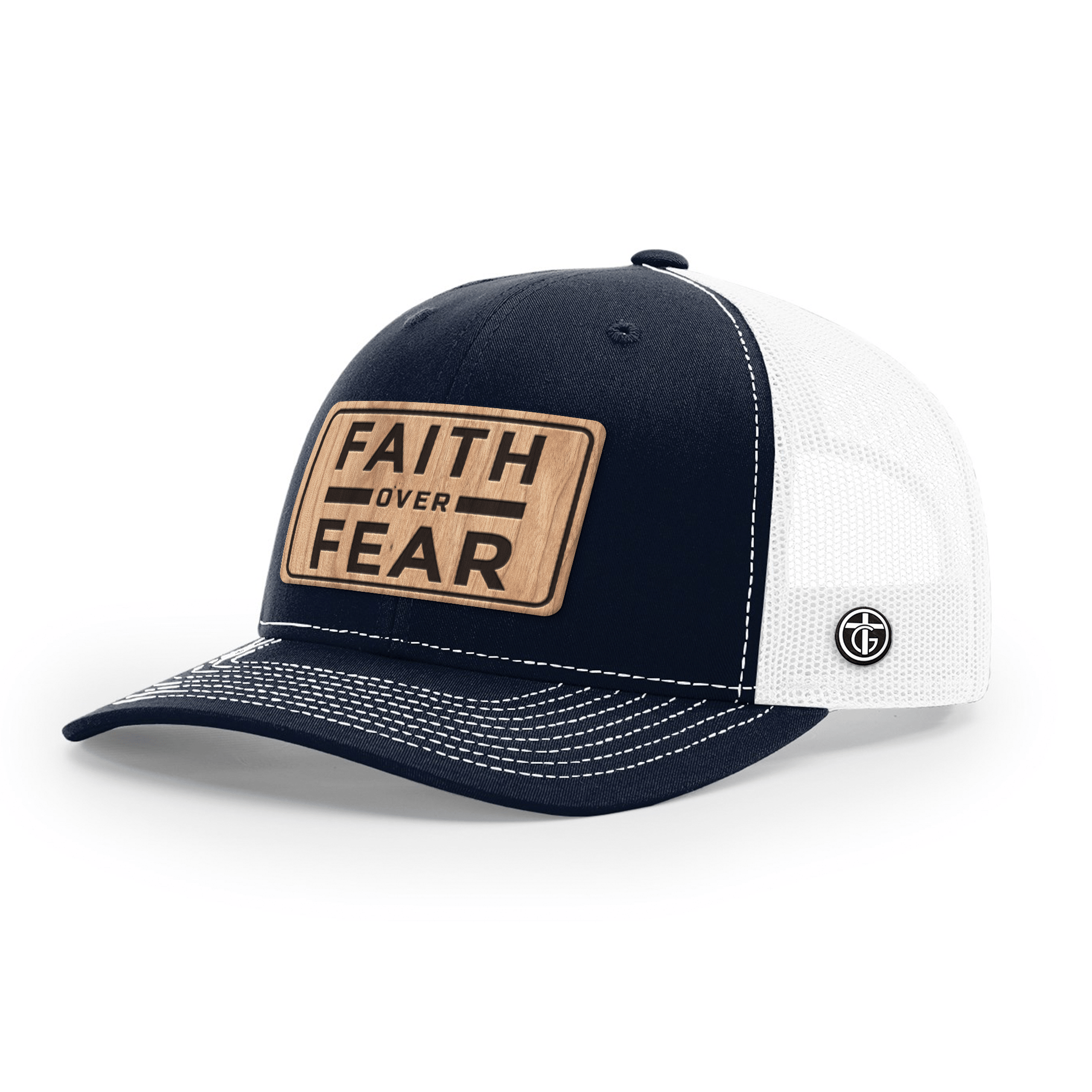 OurTrueGod Customs Hat Snapback / Navy and White / One Size Faith Over Fear Wood Patch Hats