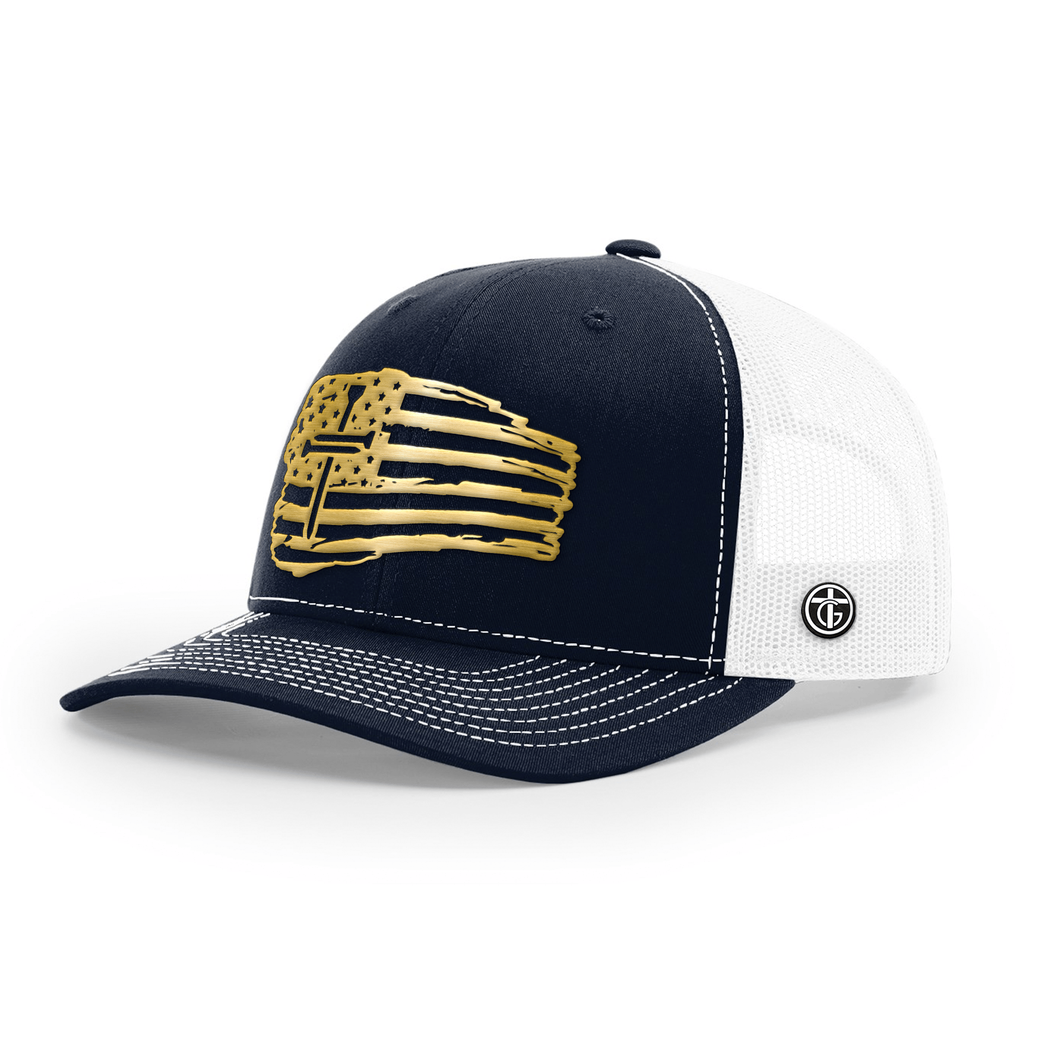 OurTrueGod Customs Hat Snapback / Navy and White / One Size Tattered Flag Cross Gold Metal Patch Hats