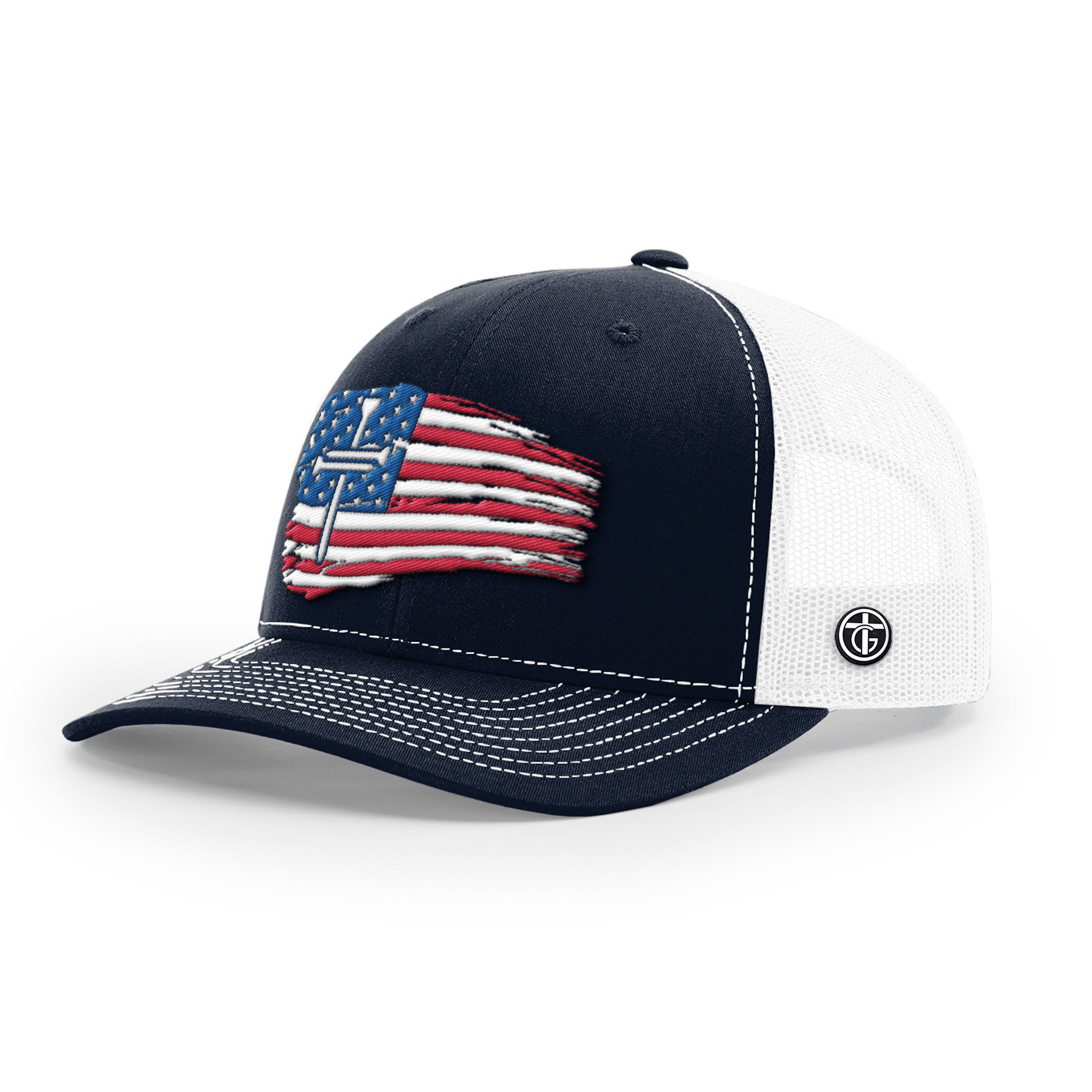 OurTrueGod Customs Hat Snapback / Navy and White / One Size Tattered Flag Cross Richardson Hats