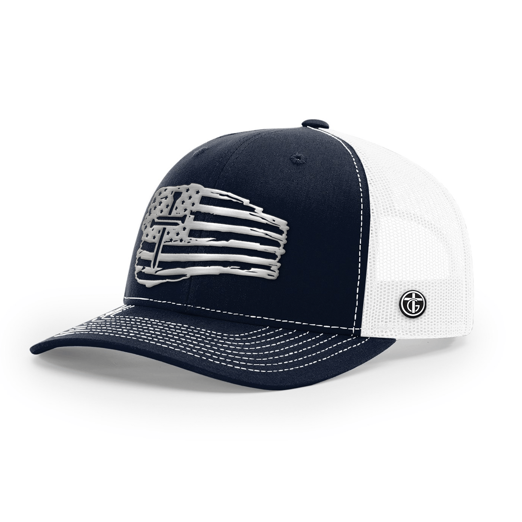 OurTrueGod Customs Hat Snapback / Navy and White / One Size Tattered Flag Cross Silver Metal Patch Hats