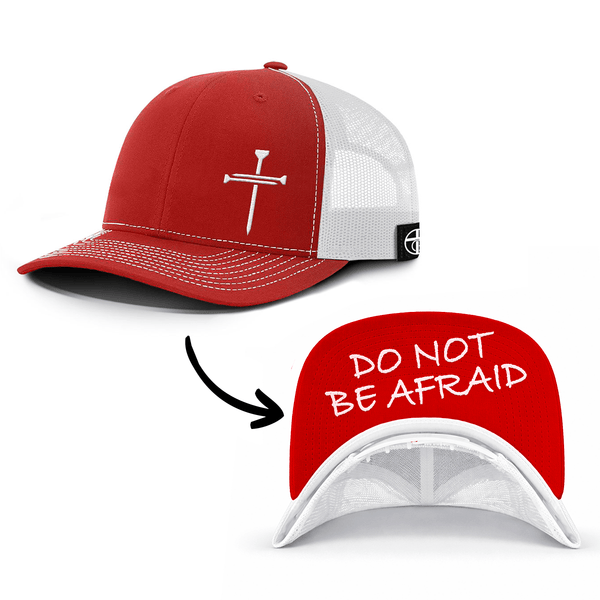 3 Nail Cross - Do Not Be Afraid Prayer Print Hat, Snapback in Red And White