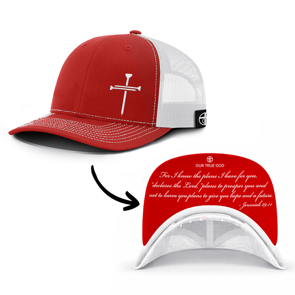 3 Nail Cross - Jeremiah 29:11 Prayer Print Hat, Snapback in Red And White