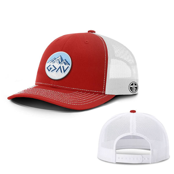 God Is Greater Than The Highs And Lows Mountain Circle Patch Hat, Snapback in Red And White