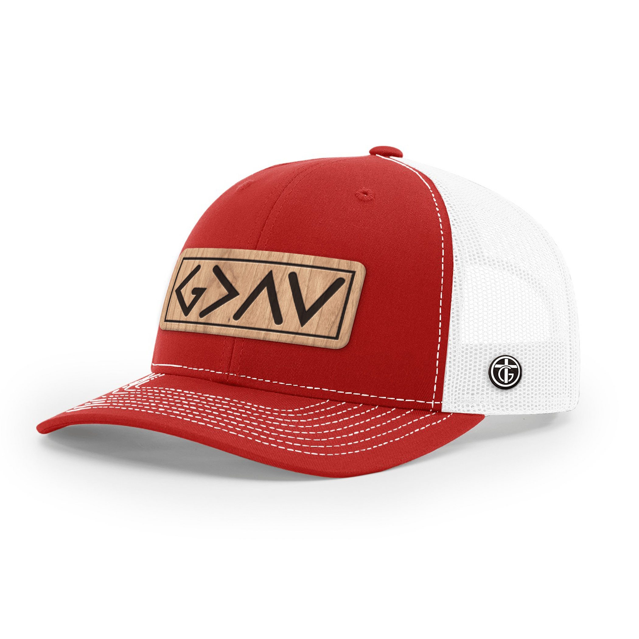 OurTrueGod Customs Hat Snapback / Red And White / One Size God Is Greater Than The Highs And Lows Wood Patch Hats