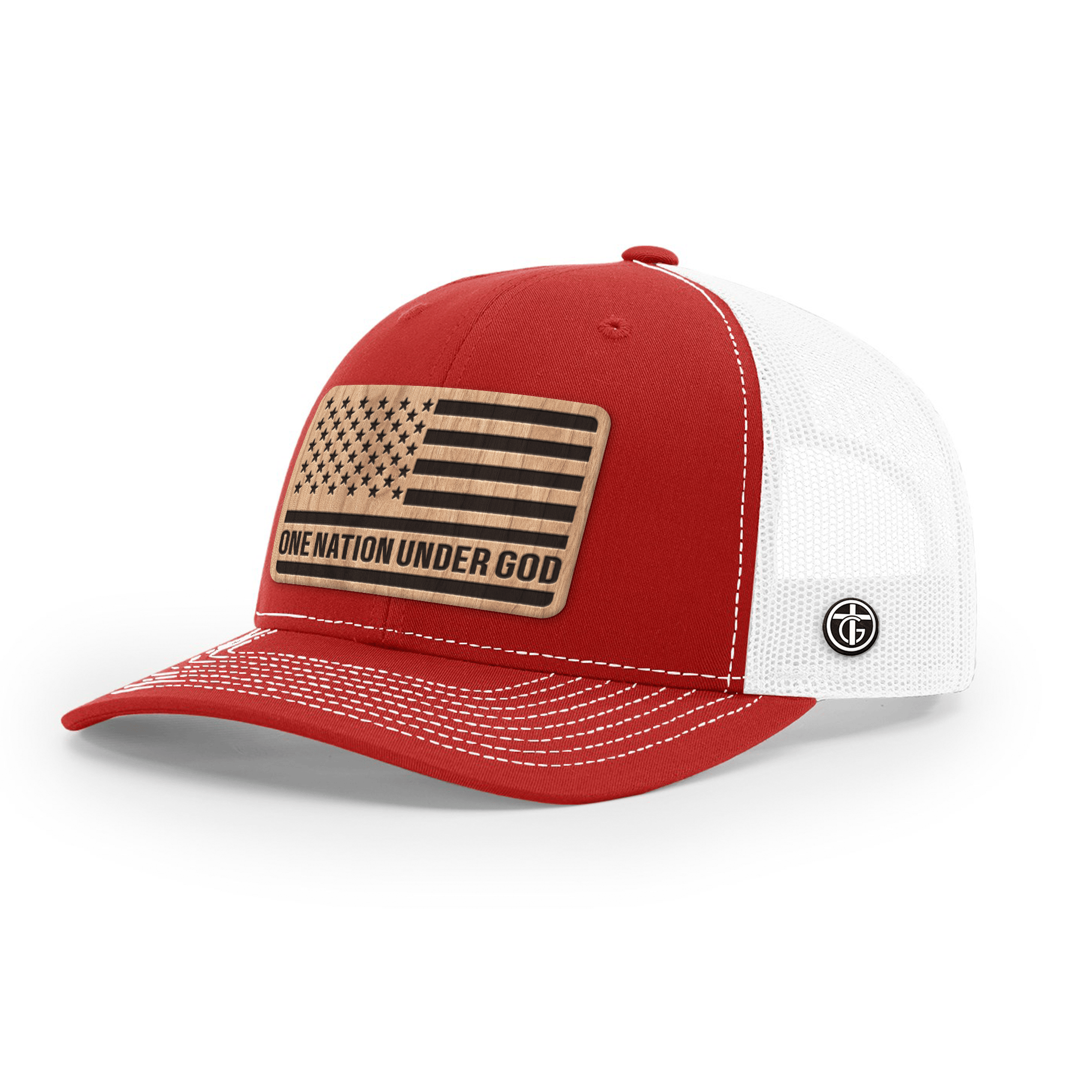 OurTrueGod Customs Hat Snapback / Red And White / One Size One Nation Under God Wood Patch Hats