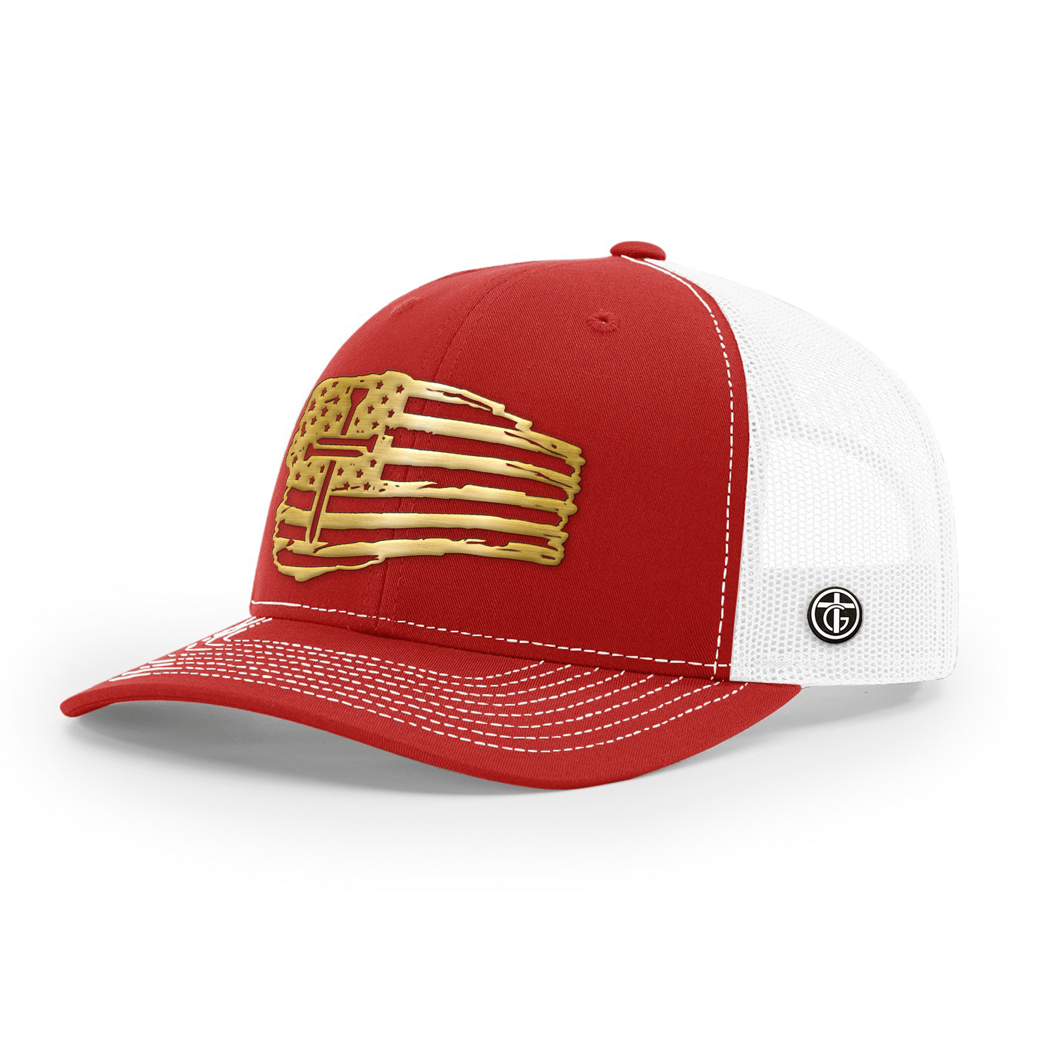 OurTrueGod Customs Hat Snapback / Red And White / One Size Tattered Flag Cross Gold Metal Patch Hats