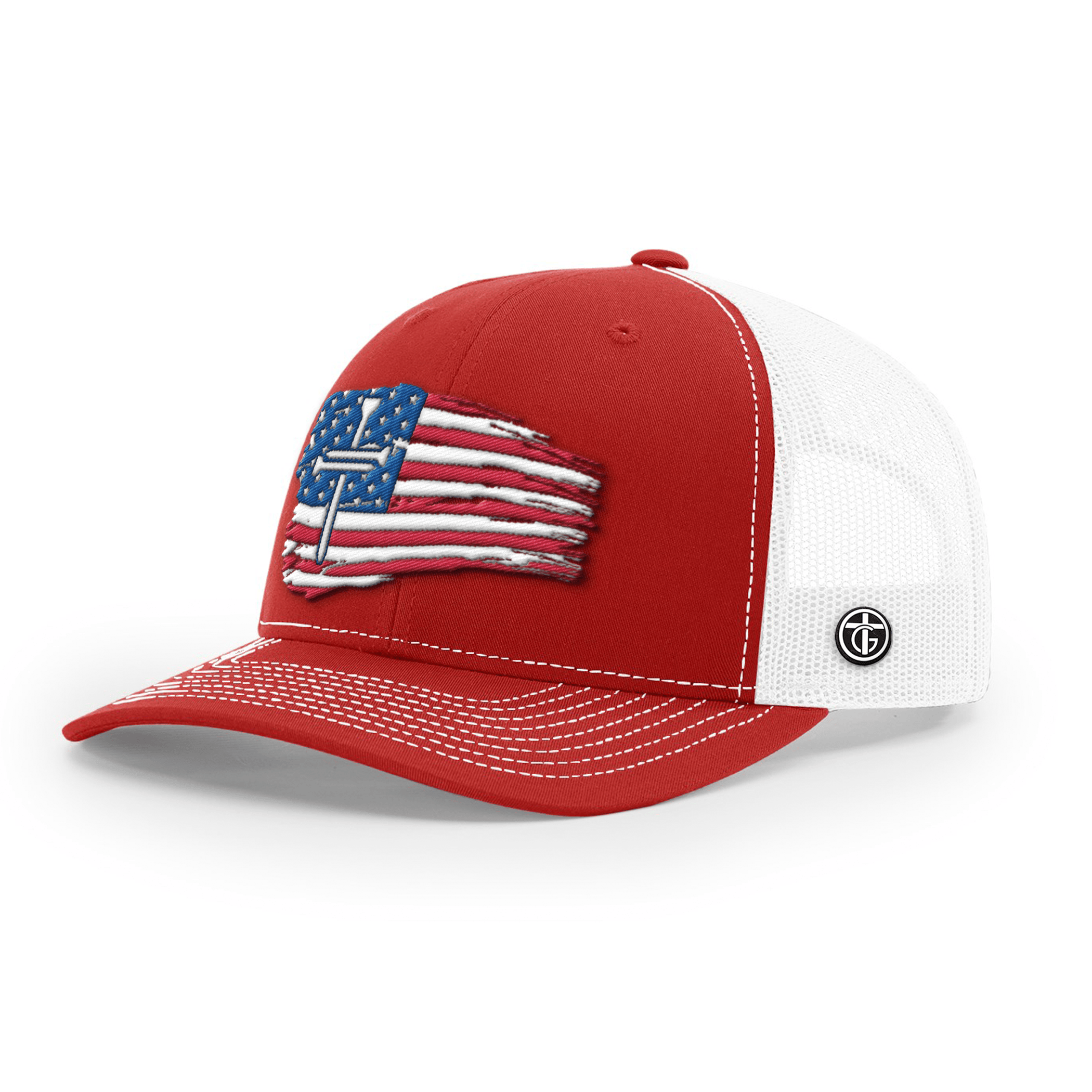 OurTrueGod Customs Hat Snapback / Red And White / One Size Tattered Flag Cross Richardson Hats