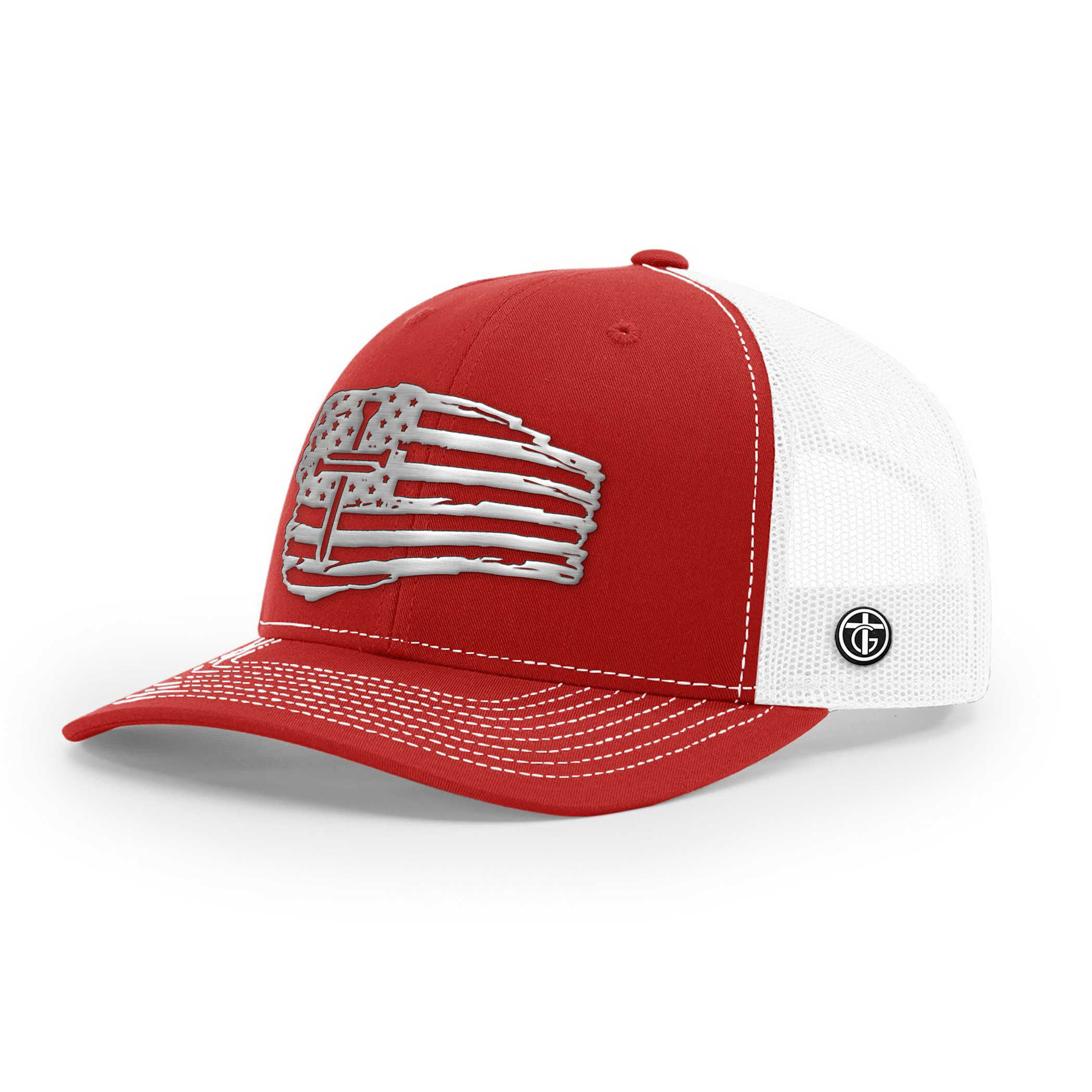 OurTrueGod Customs Hat Snapback / Red And White / One Size Tattered Flag Cross Silver Metal Patch Hats