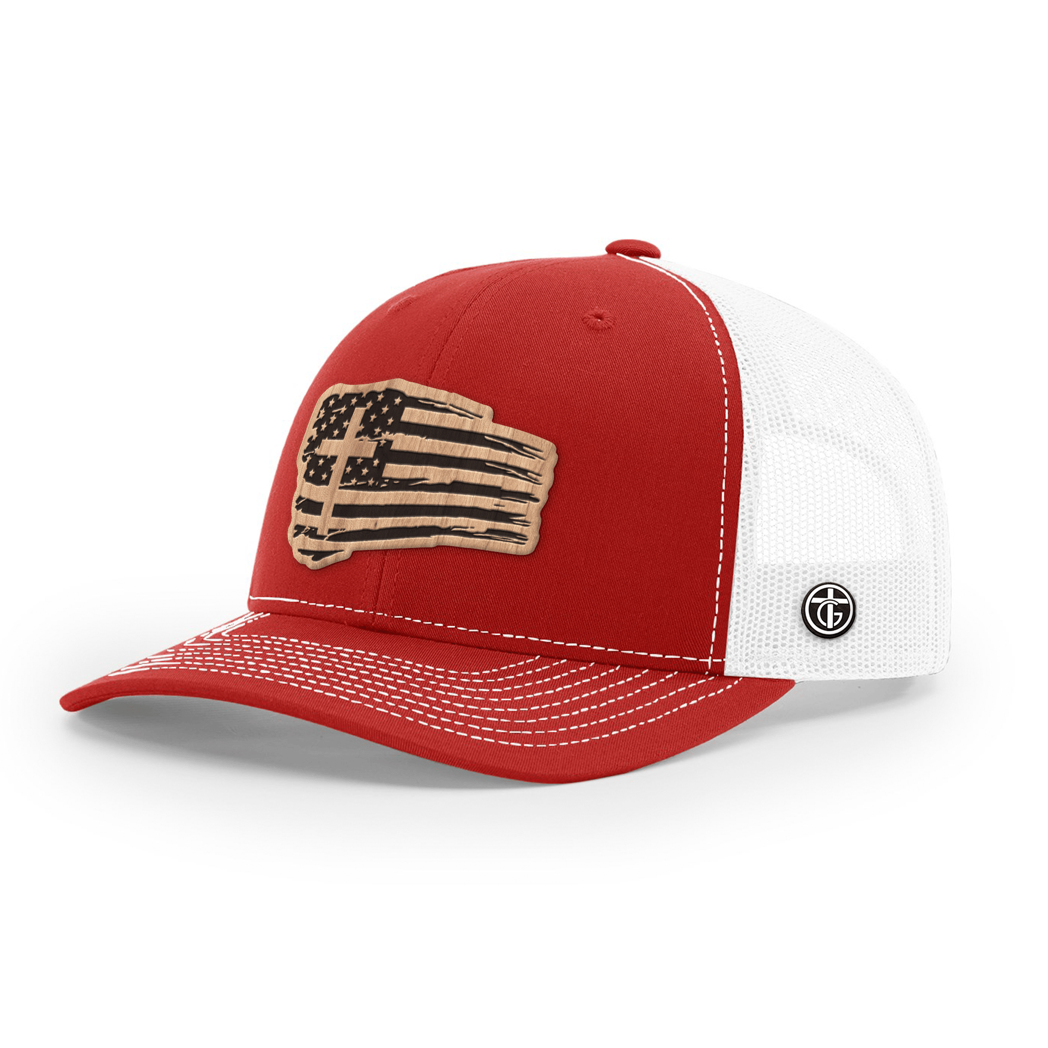 OurTrueGod Customs Hat Snapback / Red And White / One Size Tattered Flag Wood Patch Hats