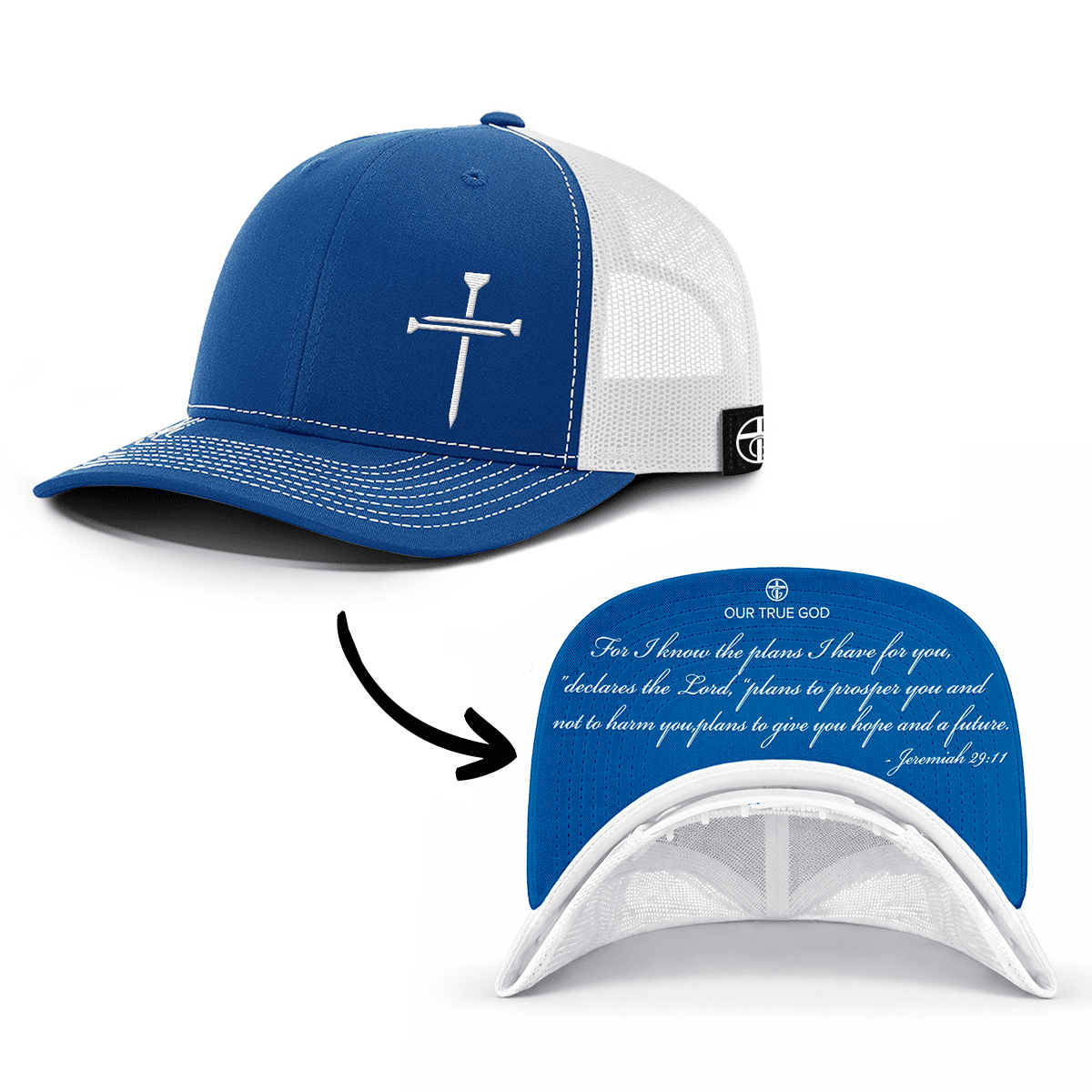 OurTrueGod Customs Hat Snapback / Royal Blue and White / One Size 3 Nail Cross - Jeremiah 29:11 Prayer Print Hats