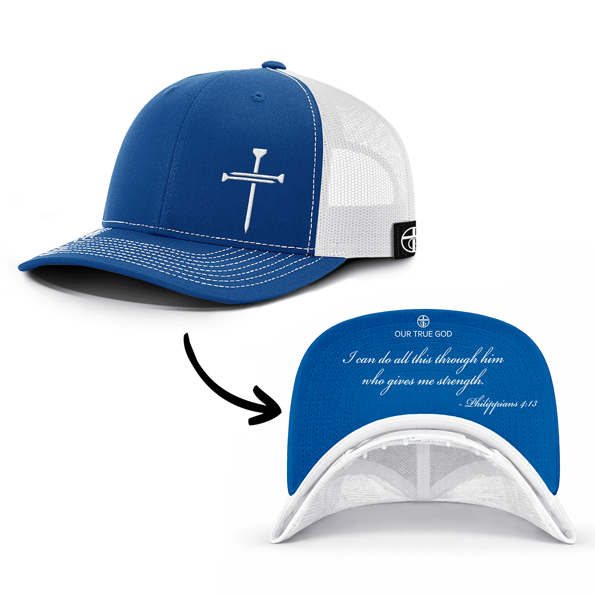 OurTrueGod Customs Hat Snapback / Royal Blue and White / One Size 3 Nail Cross - Philippians 4:13 Prayer Print Hats