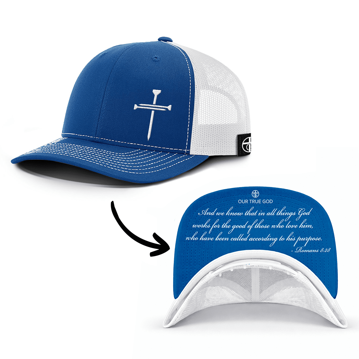 OurTrueGod Customs Hat Snapback / Royal Blue and White / One Size 3 Nail Cross - Romans 8:28 Prayer Print Hats