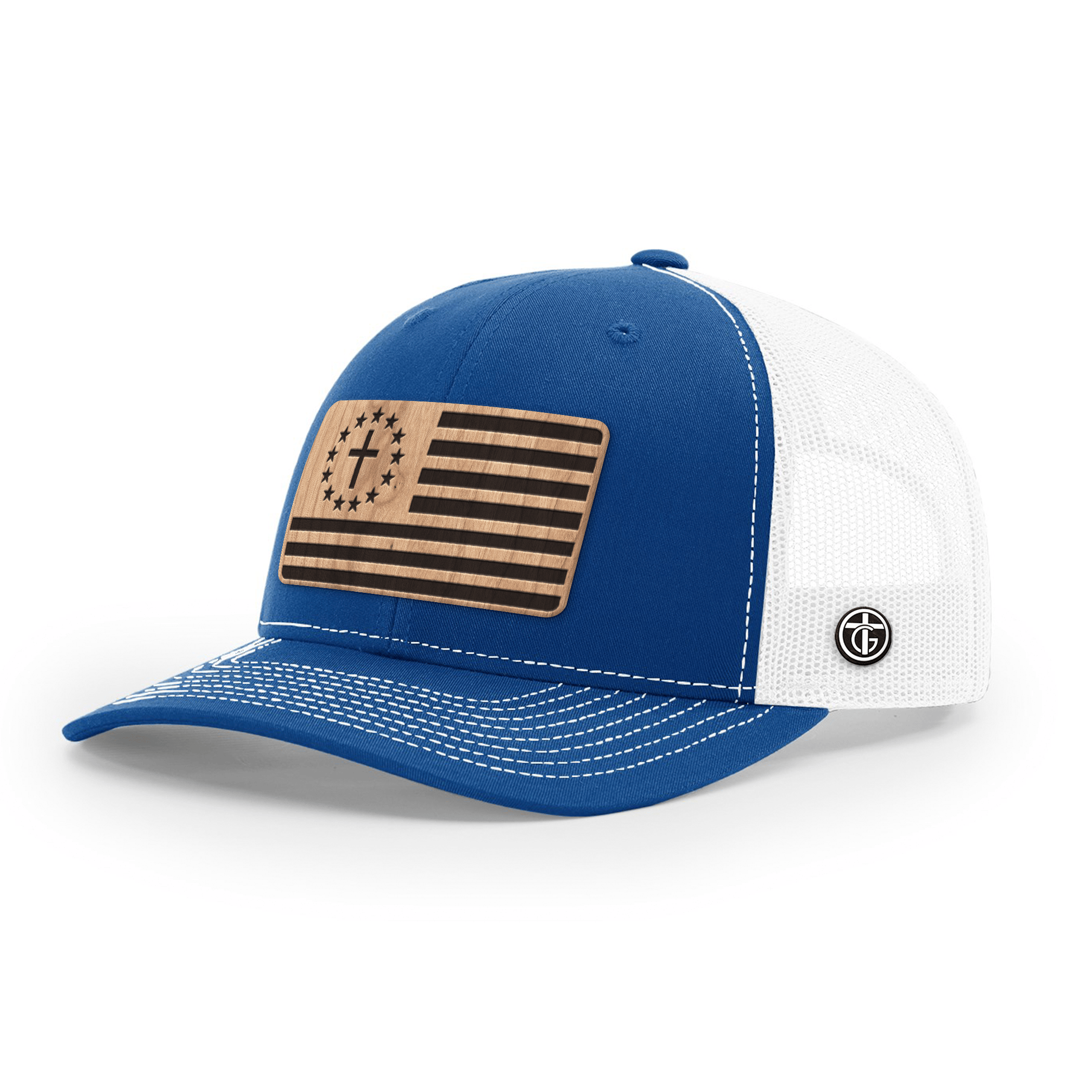OurTrueGod Customs Hat Snapback / Royal Blue and White / One Size Betsy Ross Flag Wood Patch Hats
