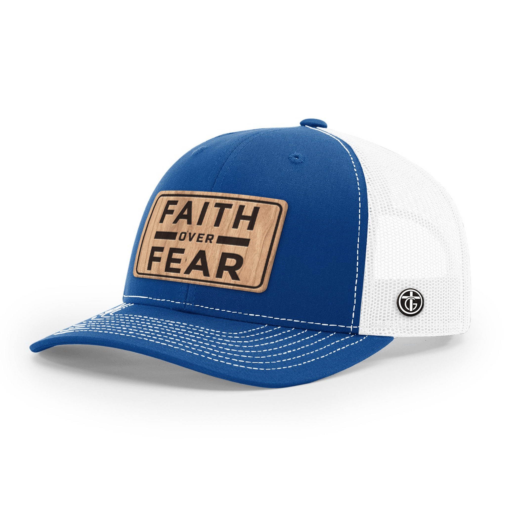 OurTrueGod Customs Hat Snapback / Royal Blue and White / One Size Faith Over Fear Wood Patch Hats