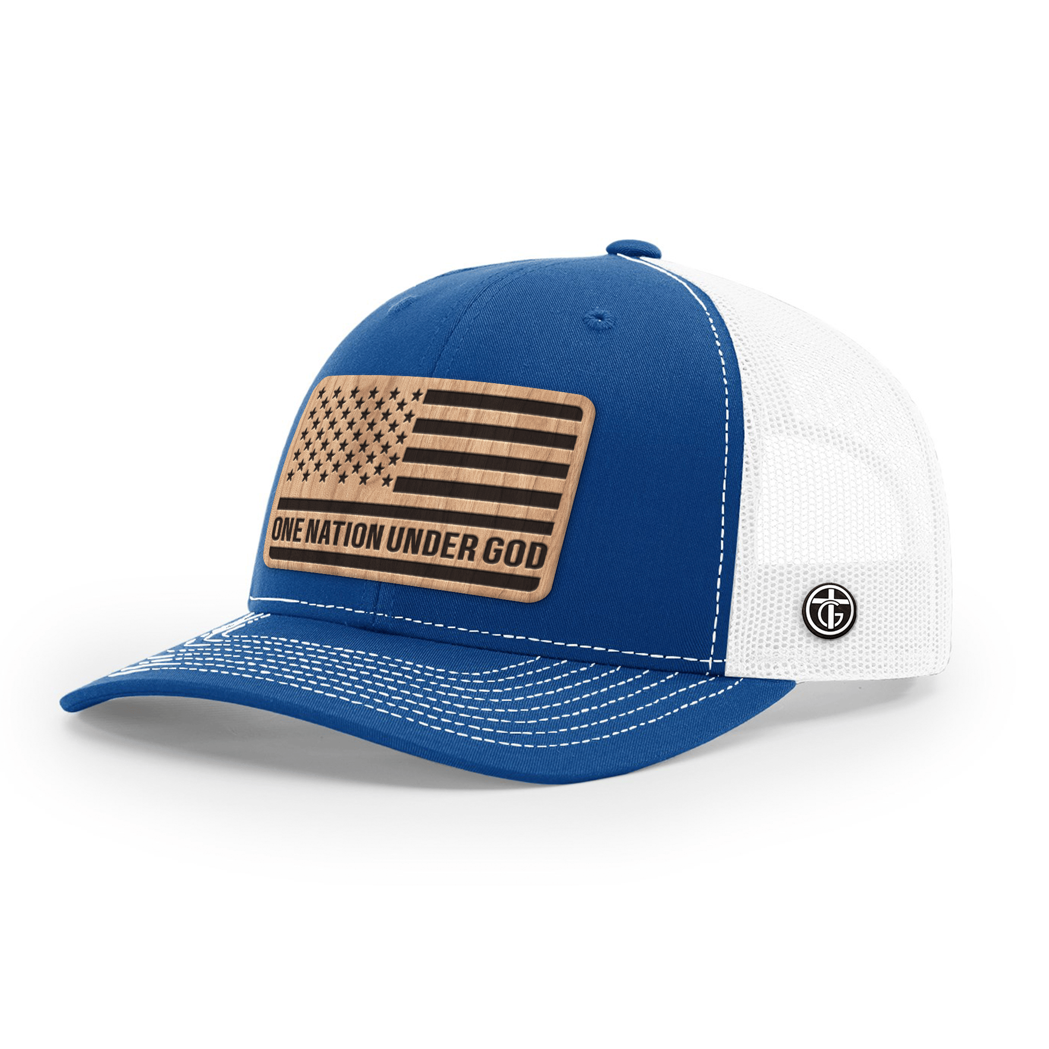 OurTrueGod Customs Hat Snapback / Royal Blue and White / One Size One Nation Under God Wood Patch Hats