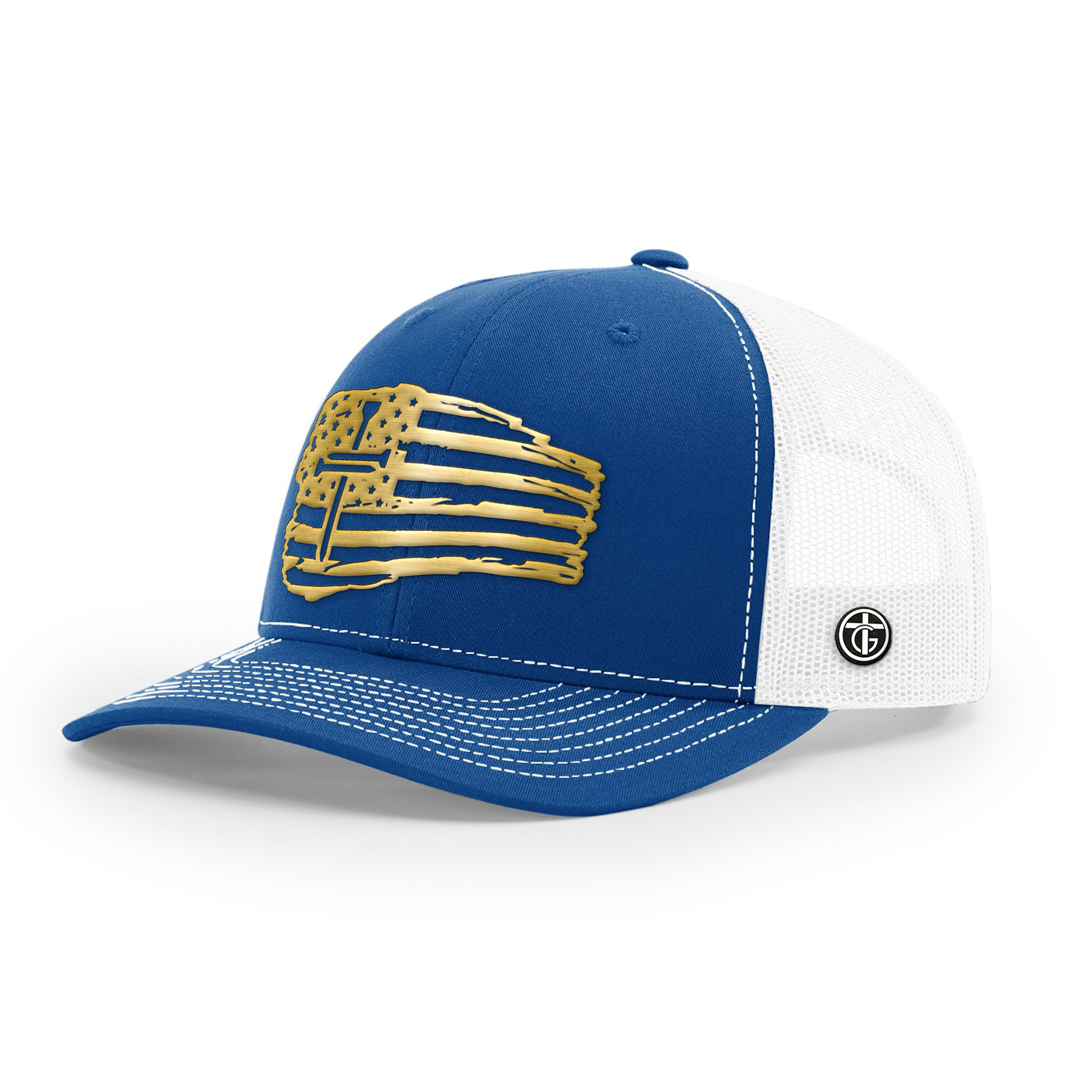 OurTrueGod Customs Hat Snapback / Royal Blue and White / One Size Tattered Flag Cross Gold Metal Patch Hats