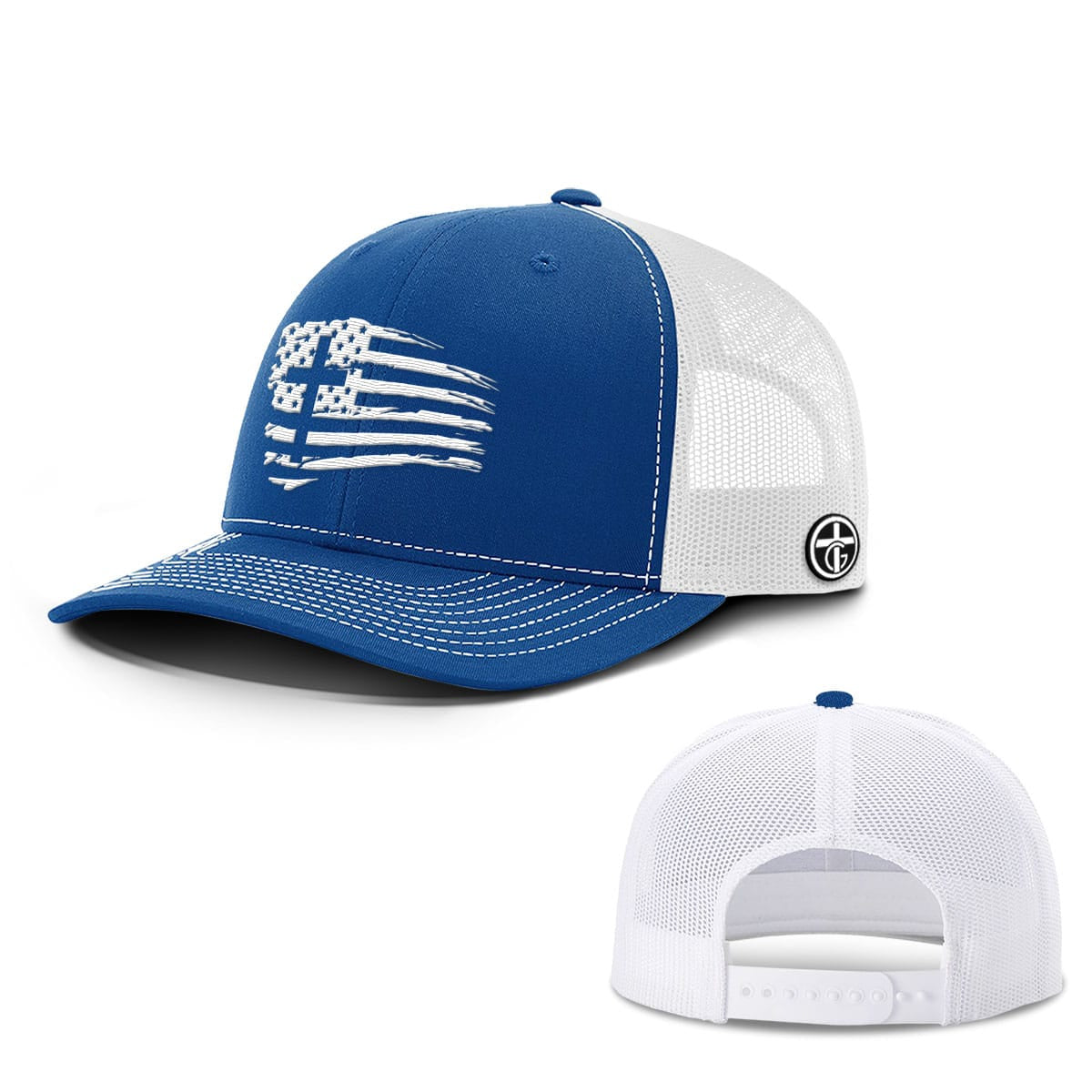 OurTrueGod Customs Hat Snapback / Royal Blue and White / One Size Tattered Flag Cross Hats