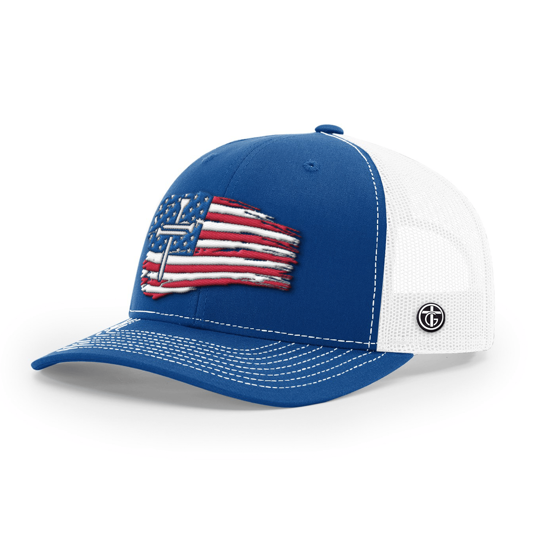 OurTrueGod Customs Hat Snapback / Royal Blue and White / One Size Tattered Flag Cross Richardson Hats