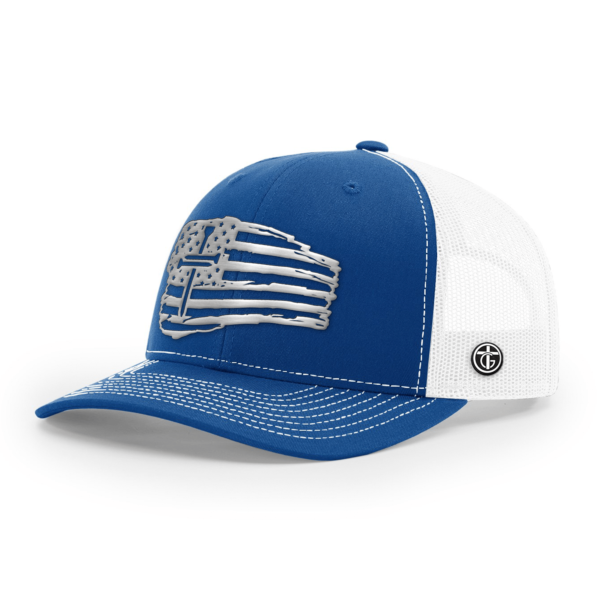 OurTrueGod Customs Hat Snapback / Royal Blue and White / One Size Tattered Flag Cross Silver Metal Patch Hats