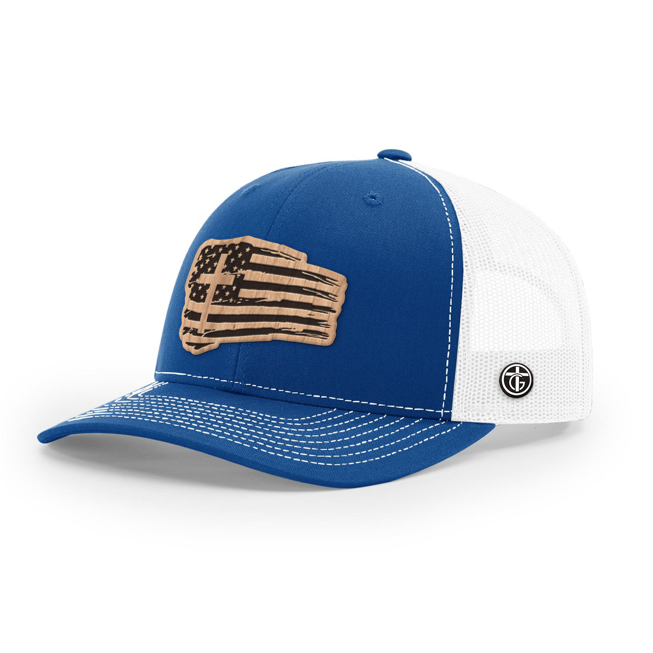 OurTrueGod Customs Hat Snapback / Royal Blue and White / One Size Tattered Flag Wood Patch Hats