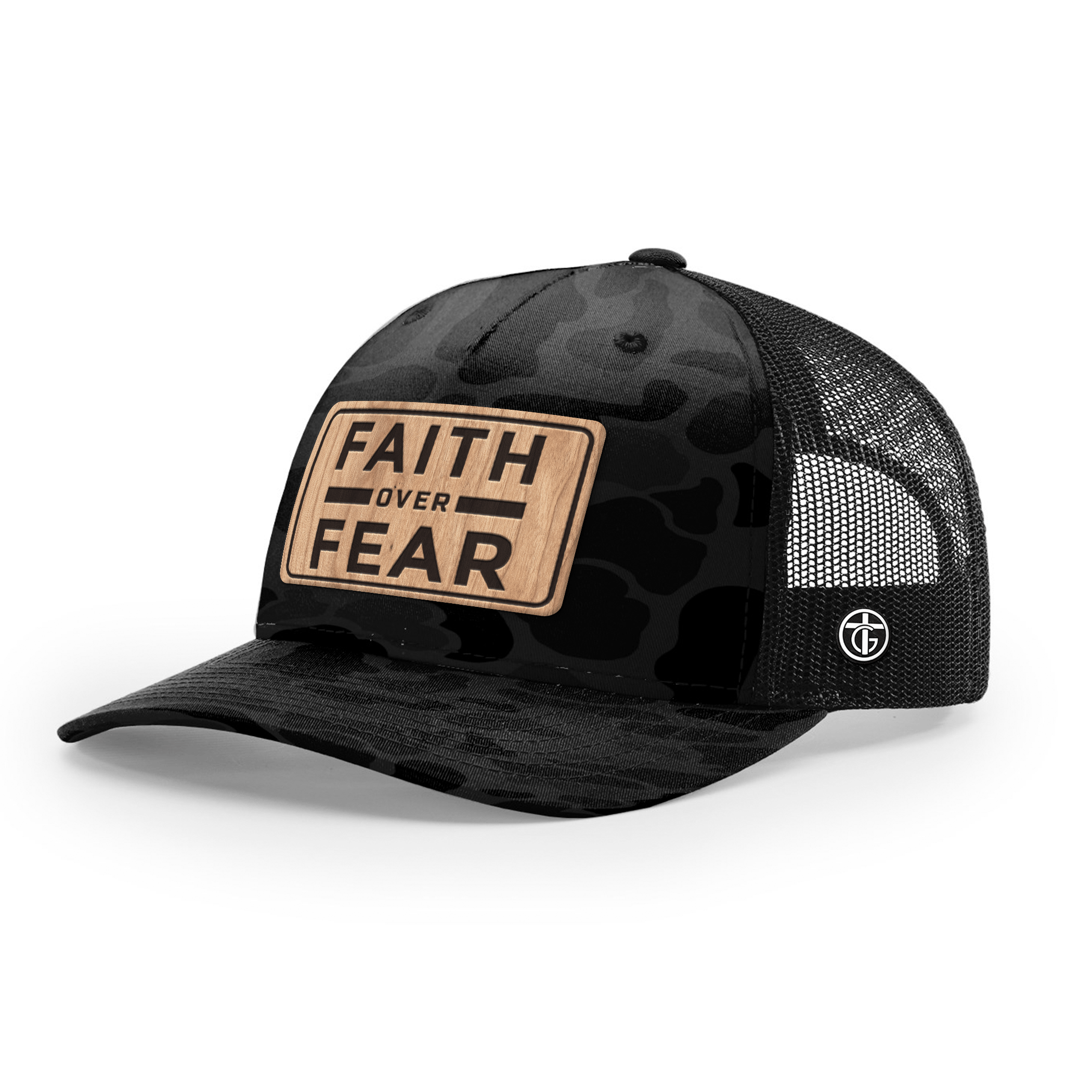 OurTrueGod Customs Hat Snapback / Sable Duck Camo and Black / One Size Faith Over Fear Camo Wood Patch Camo Hats