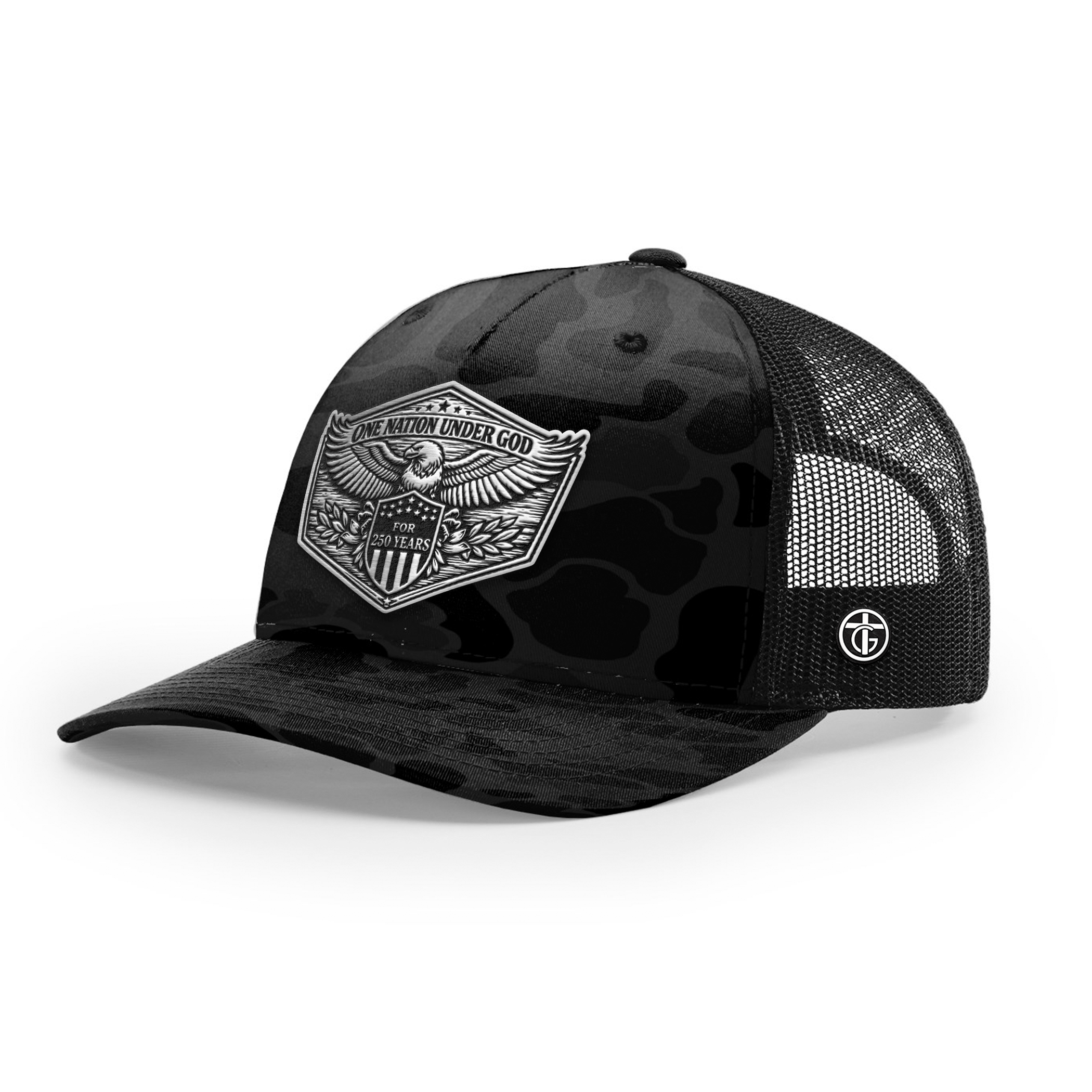 OurTrueGod Customs Hat Snapback / Sable Duck Camo and Black / One Size One Nation Under God 250th Year Hat