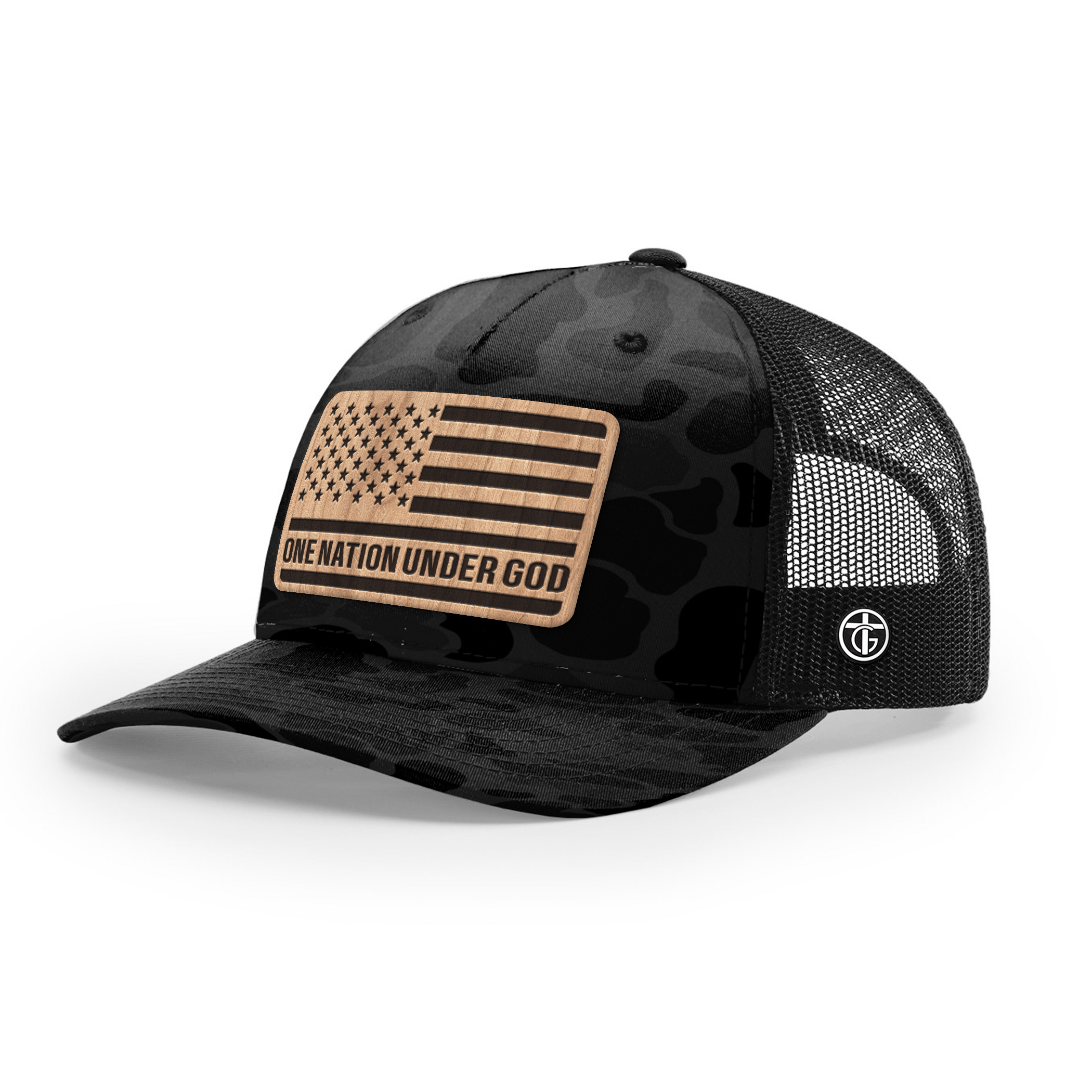 OurTrueGod Customs Hat Snapback / Sable Duck Camo and Black / One Size One Nation Under God Wood Patch Camo Hats