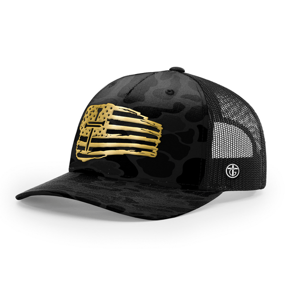 Tattered Flag Cross Gold Metal Patch Camo Hat, Snapback in Sable Duck Camo and Black