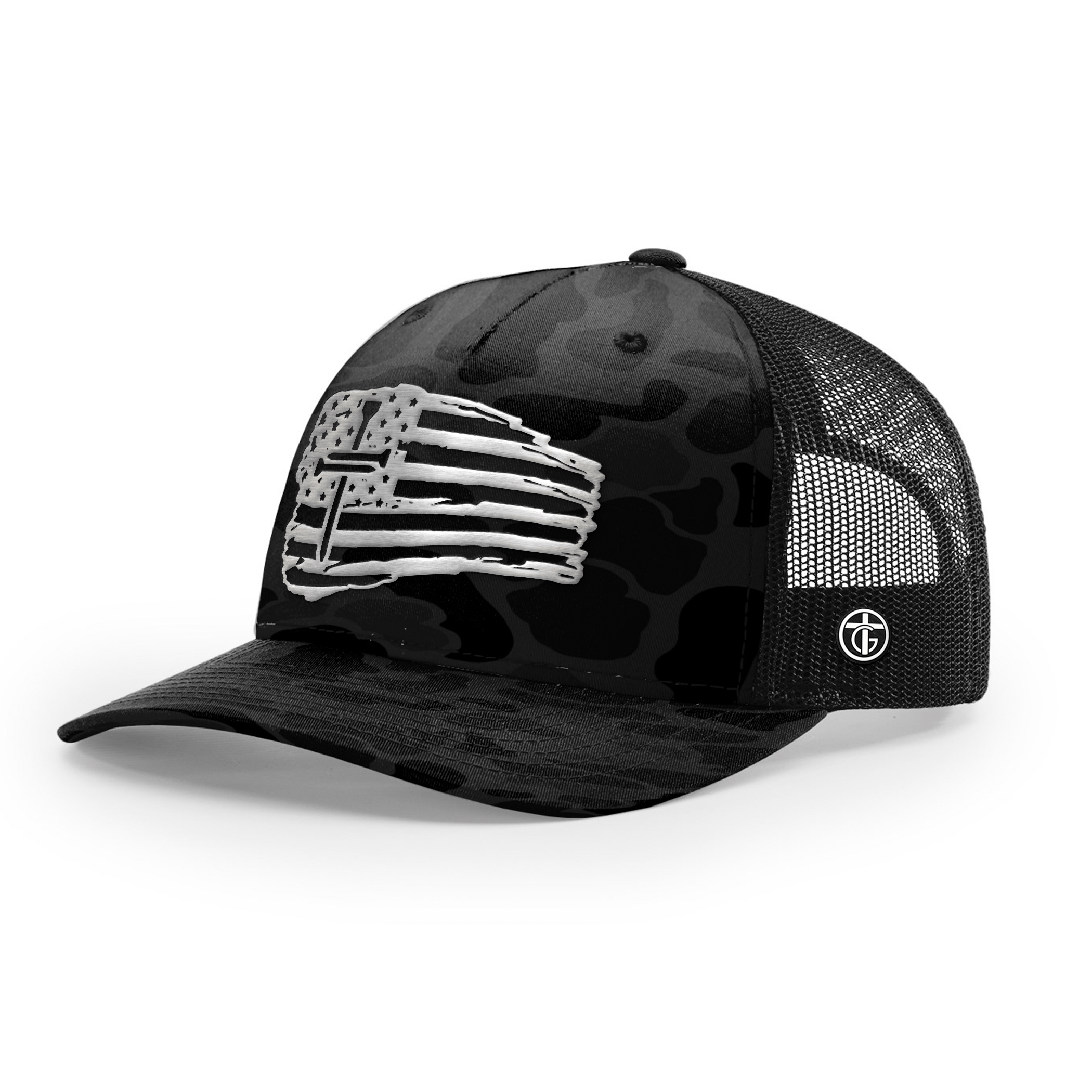 OurTrueGod Customs Hat Snapback / Sable Duck Camo and Black / One Size Tattered Flag Cross Silver Metal Patch Camo Hats